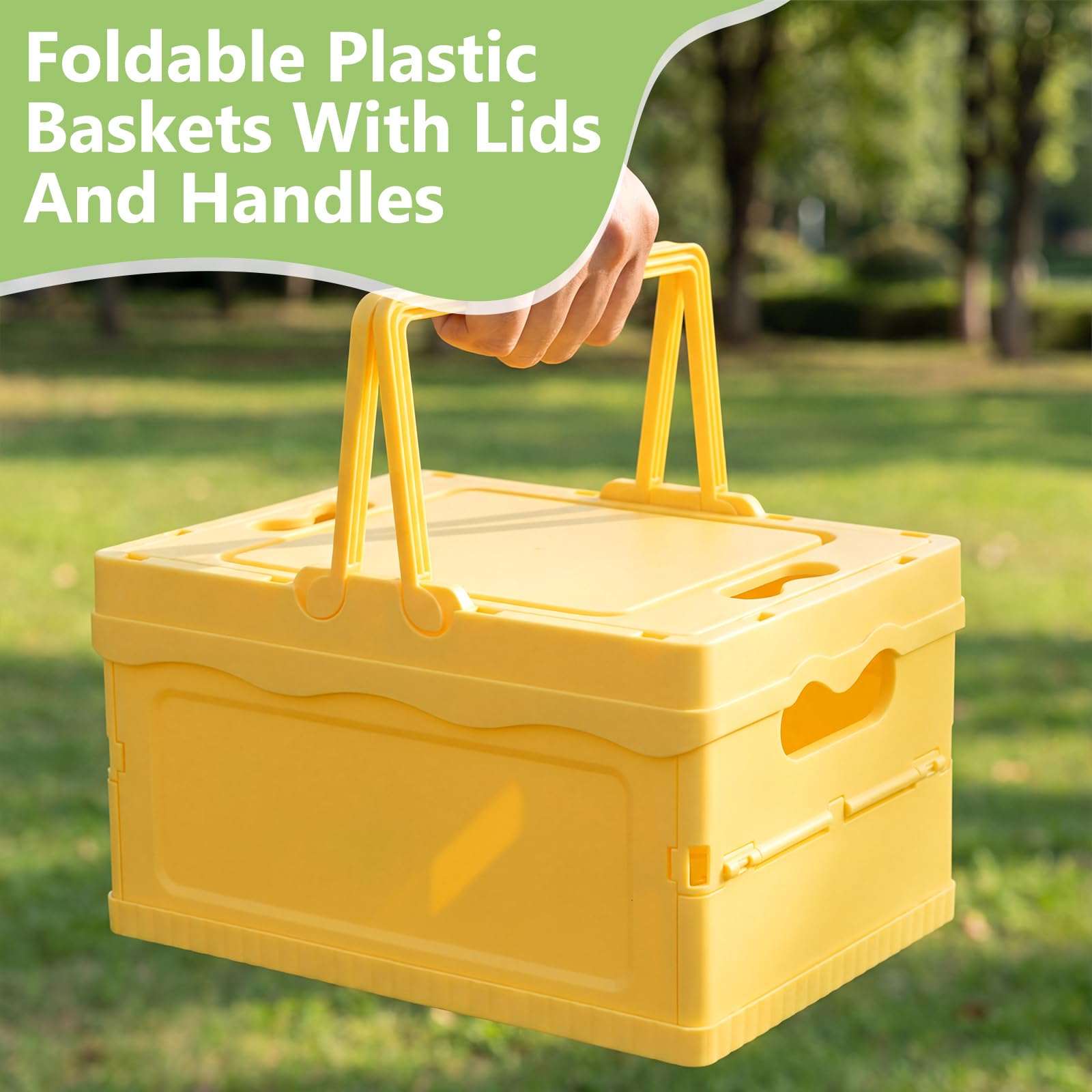 4 cajas de almacenamiento plegables con tapas, cestas de plástico plegables apilables de plástico para el hogar, cocina, oficina, baño, dormitorio, picnic (rosa, verde, azul, amarillo)