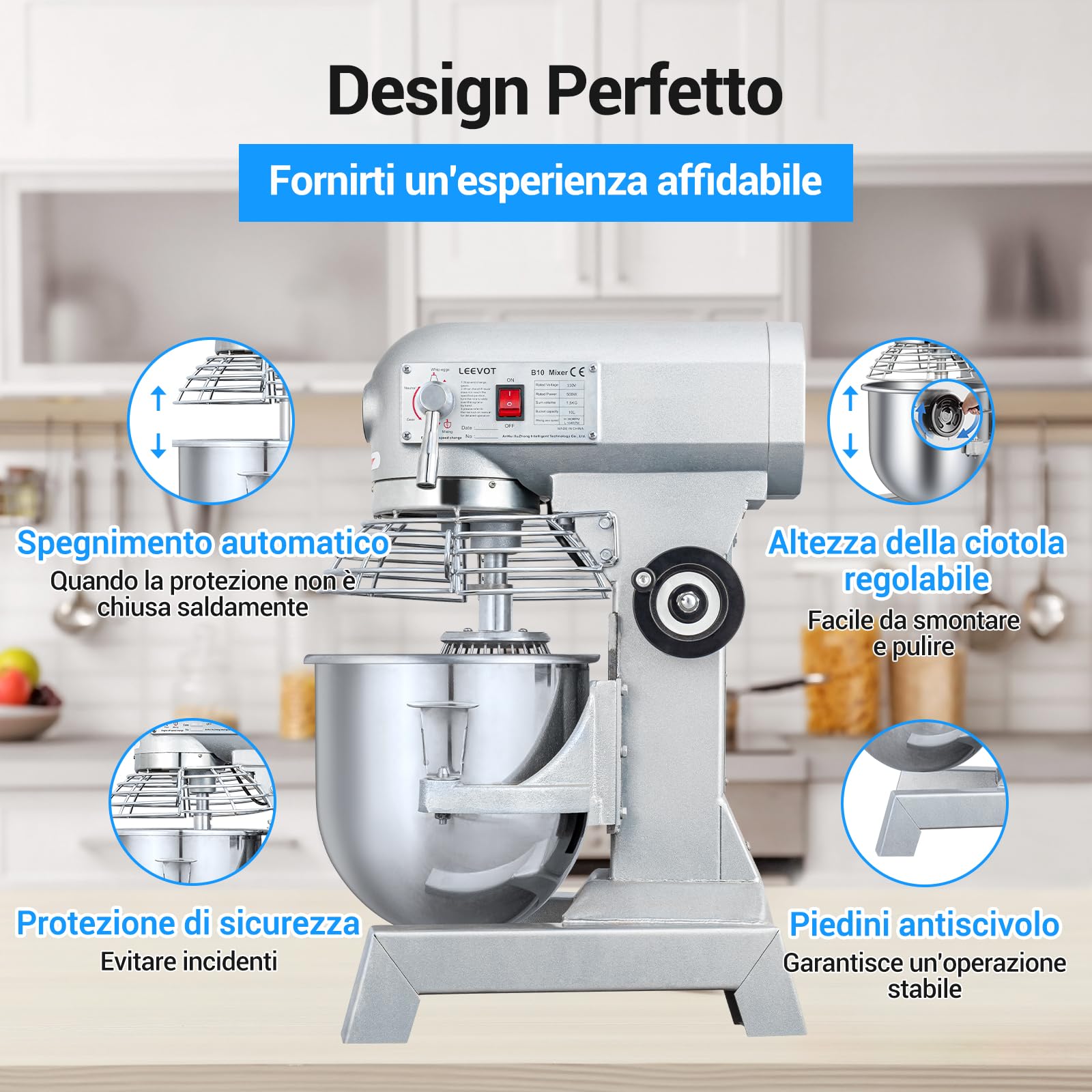 LEEVOT Impastatrice planetaria commerciale da 10L, impastatrice commerciale regolabile a 2 velocità da 500 W, impastatrice elettrica verticale per impieghi gravosi con vasca in acciaio inox per cucin
