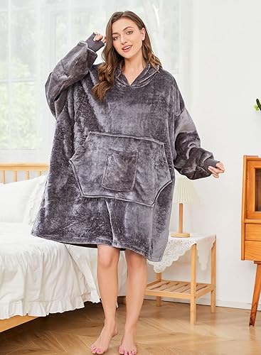 Miniatura 6 de REDESS Sudadera con capucha, manta de sherpa de gran tamaño con mangas y bolsillo gigante, acogedora sudadera con capucha para adultos y niños