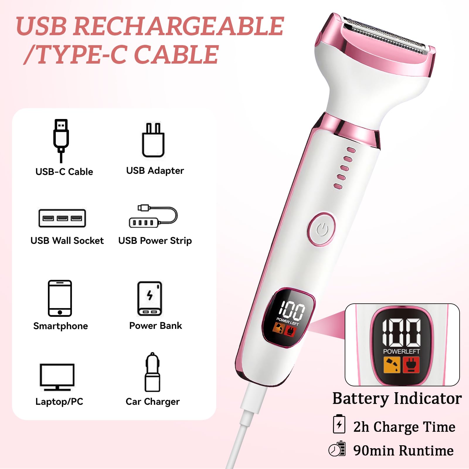 Rasoio Elettrico Donna, 5 in 1 Rasoio Elettrico Donna, Epilatore Intimo Donna, Utilizzo a Secco e Bagnato, per Bikini, Ascelle, Gambe, Sopracciglia e Naso, con Display LED, Ricarica USB