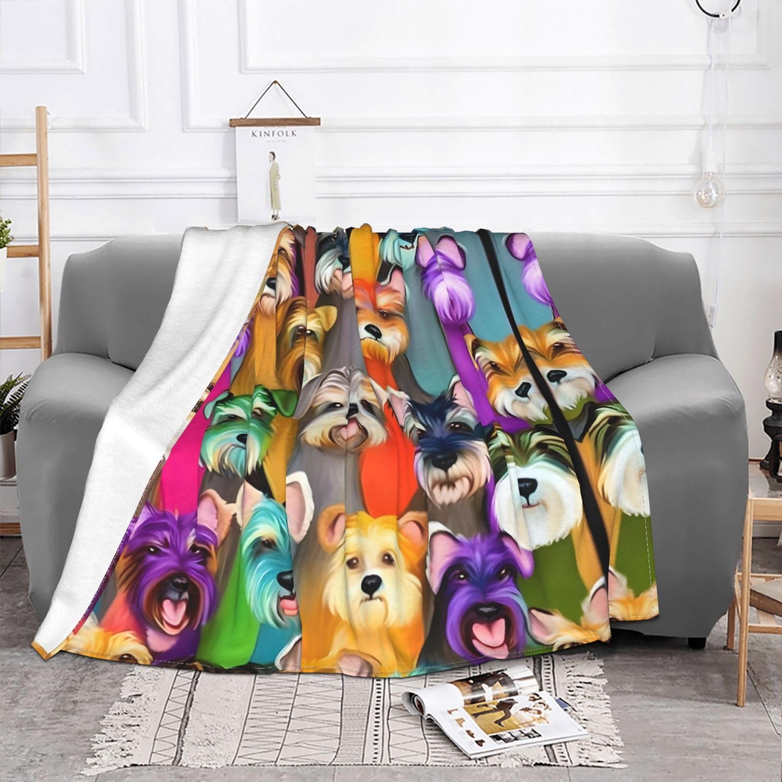 Coperta decorativa in morbida flanella calda e accogliente per bambini, cane, gatto, 127 x 152 cm, stampa con simpatici cani Schnauzer a olio