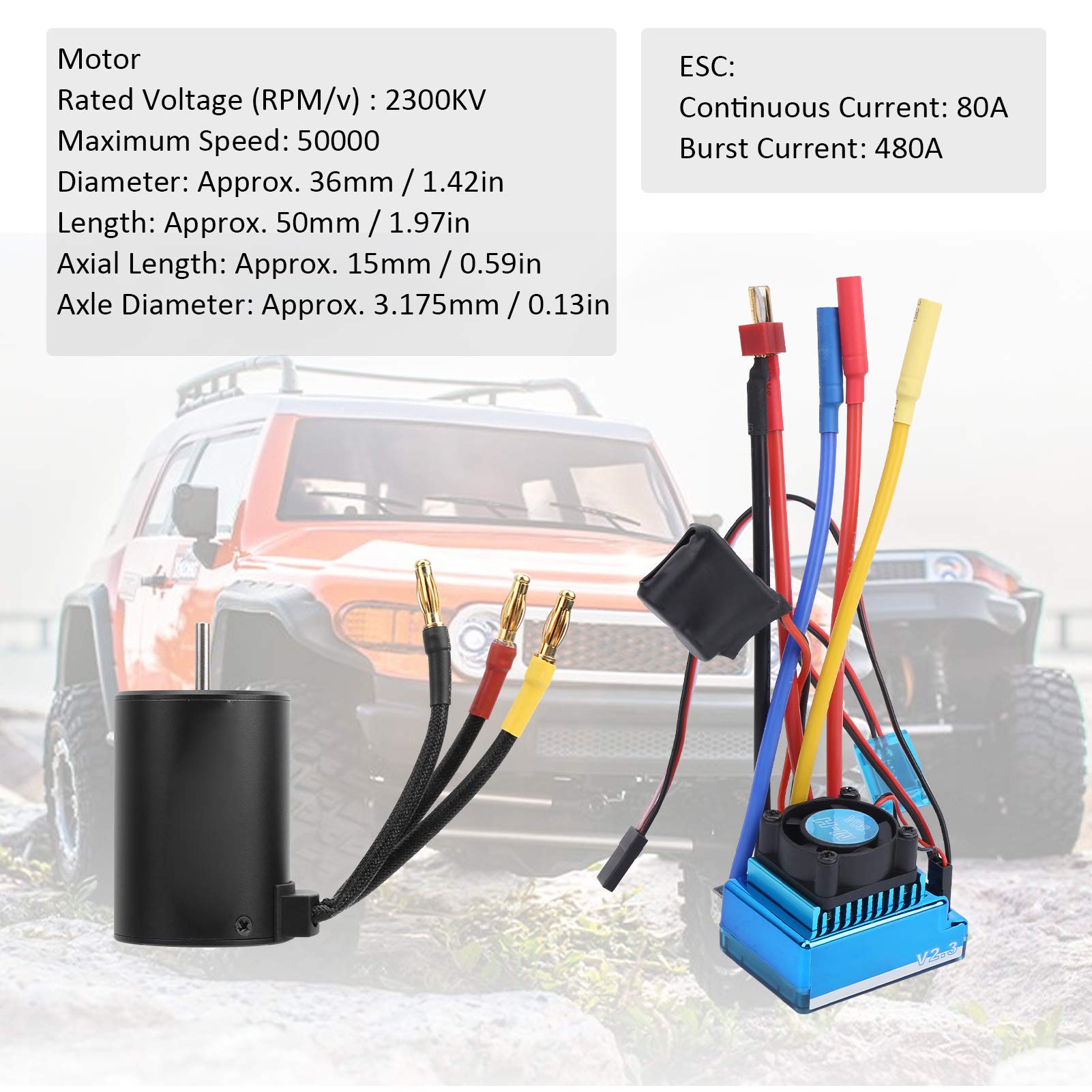 RC Car Motor ESC Combo, 80A bezszczotkowy ESC + 3650 2300KV bezszczotkowy silnik + karta programu nadaje się do 1:10 RC części do modeli samochodów