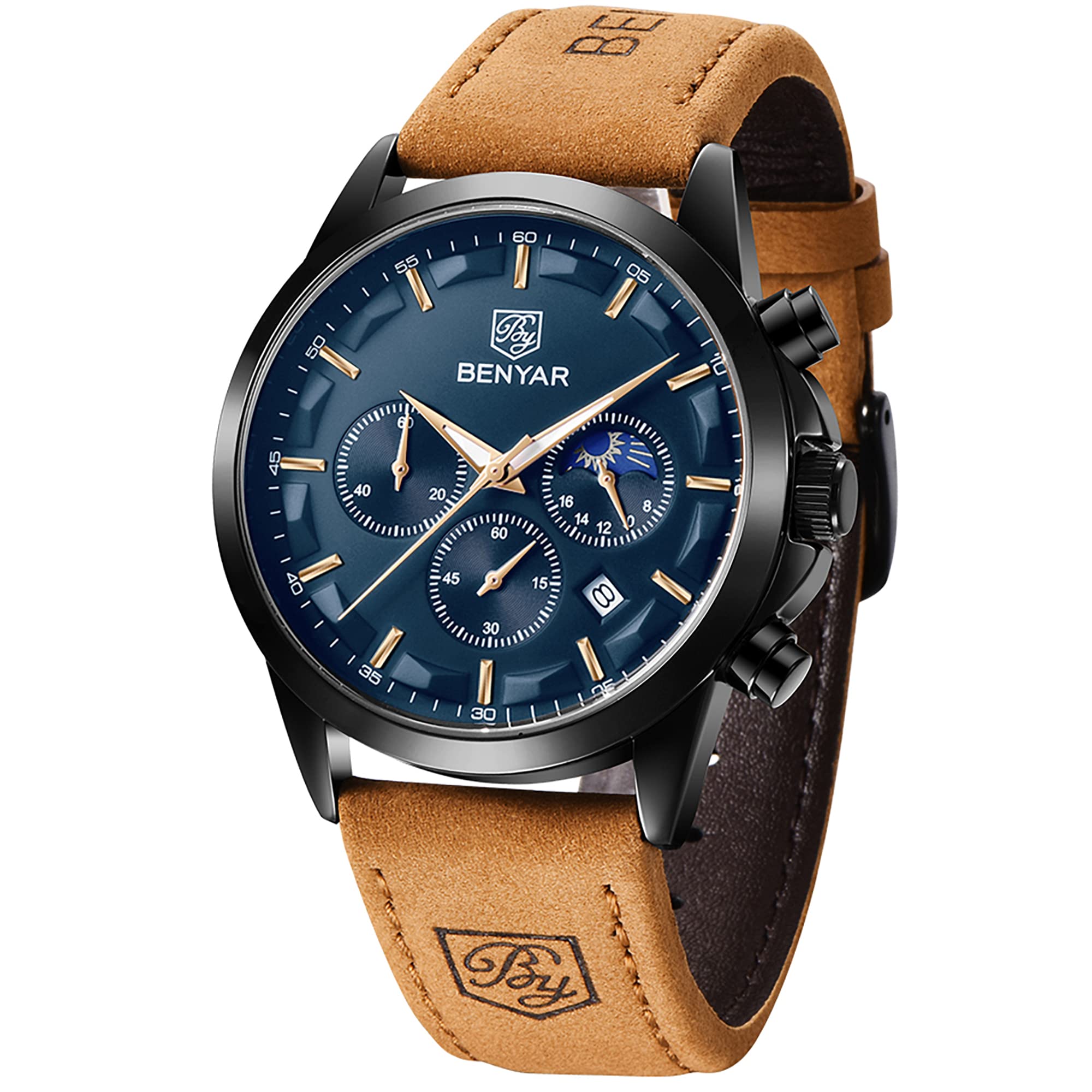BENYAR Montre Homme Chronographe 30M Etanche Lumineuse Classique Mode Montres Bracelet en Cuir Grand Cadran Date Analogique Quar