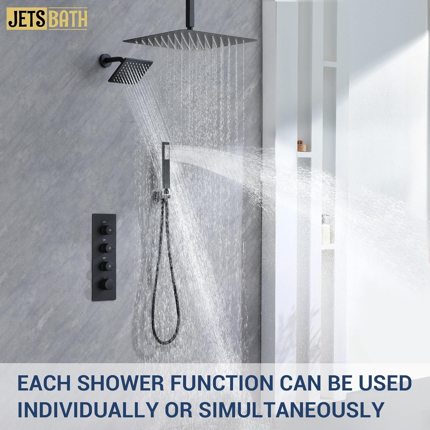 16" Thermostatic Dual Rainfall Head Shower System with Handheld & Valve, 16” Ceiling Shower Faucet Set with 6-Inch Shower Head, JetsBath Matte Black Full Body Shower System for Couples/ 2-Person