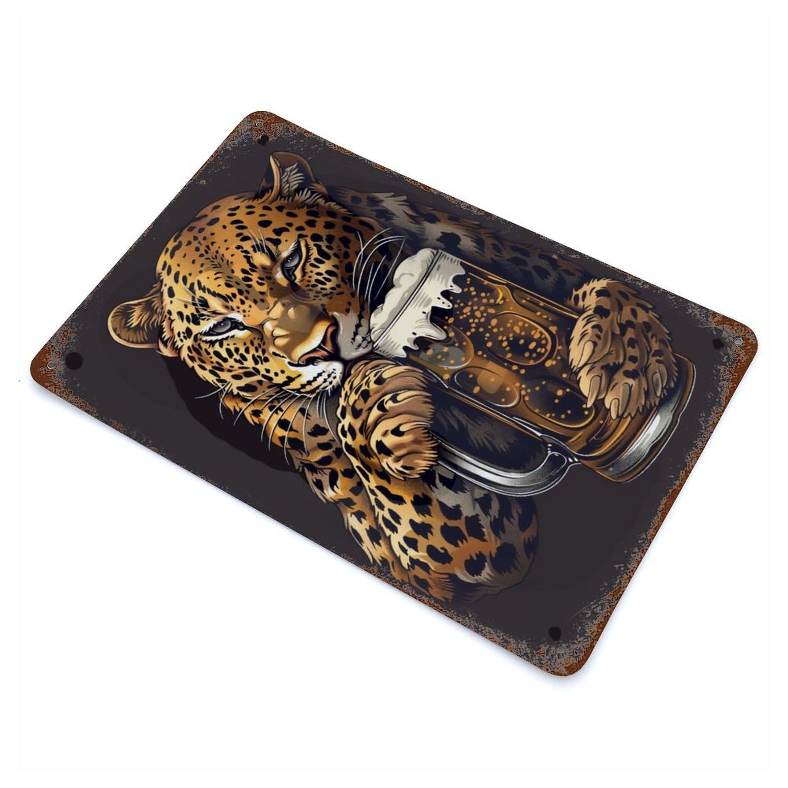 Leopard Beer Vintage Wall Sign 11.8"x7.9", Rust Effect Metal Decor for Basement, Hobby Room And Garage Decor