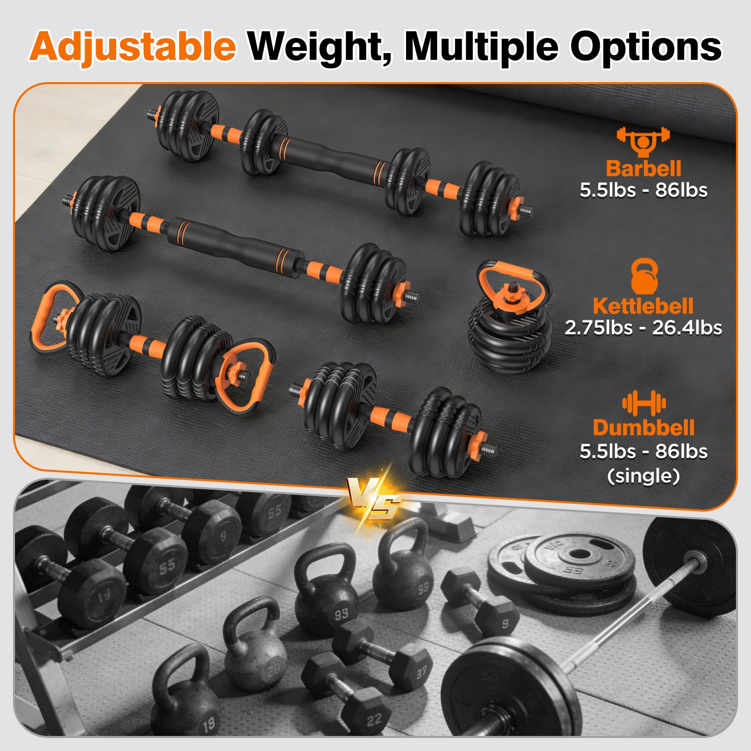 Adjustable Dumbbell Set with Connector for Home Gym Workout | 33/44/66/88lbs 5 in 1 Free Weights Dumbbells Set, Weights Set Used as Barbell, Kettlebells, Push up Stand, Weight Plate