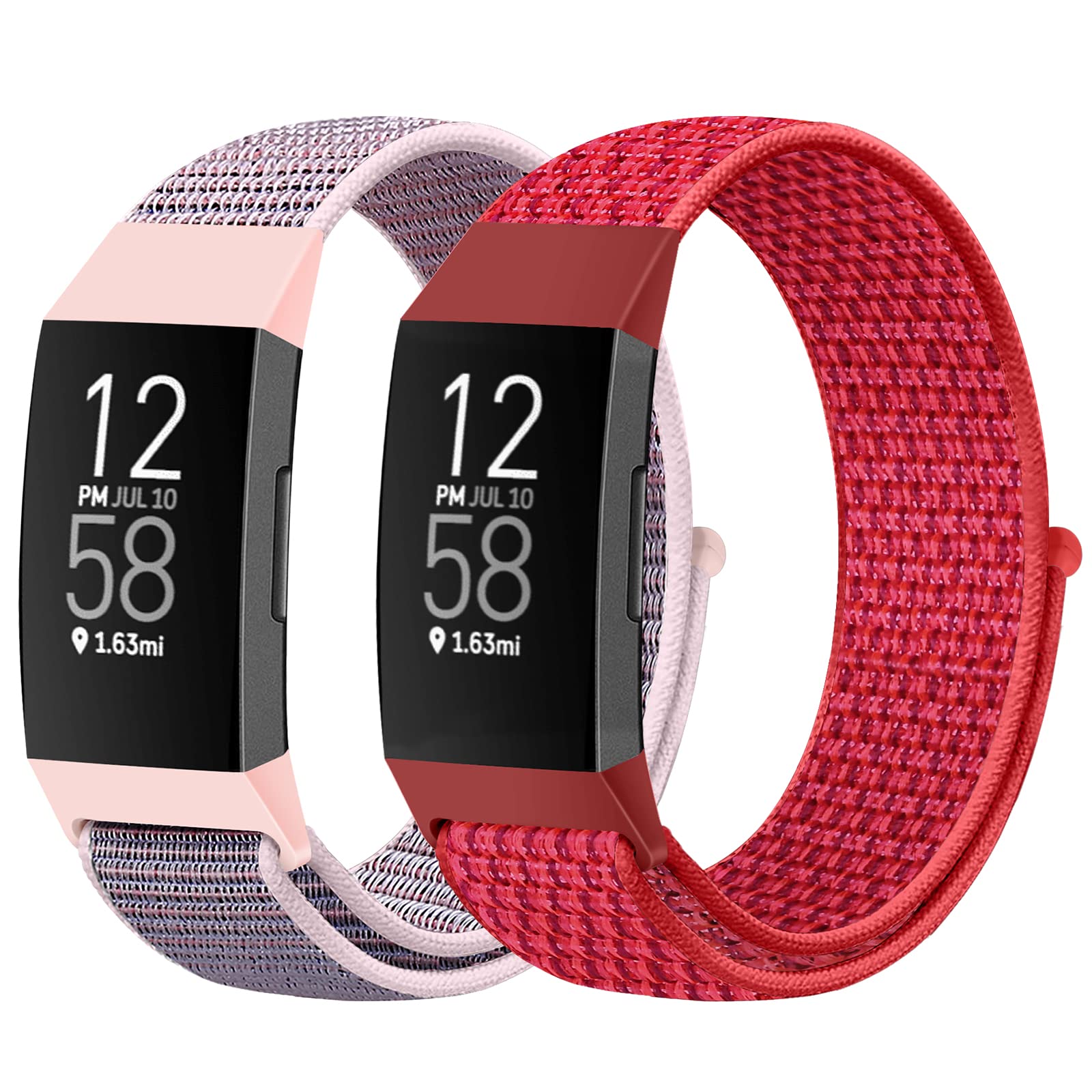 AVOD Nylon Watch Bands Compatible with Fitbit Charge 4/Charge 3/SE, Soft Replacement Wristband Breathable Sport Strap with Band for Women Men (Pink Sand+China Red) — image 1
