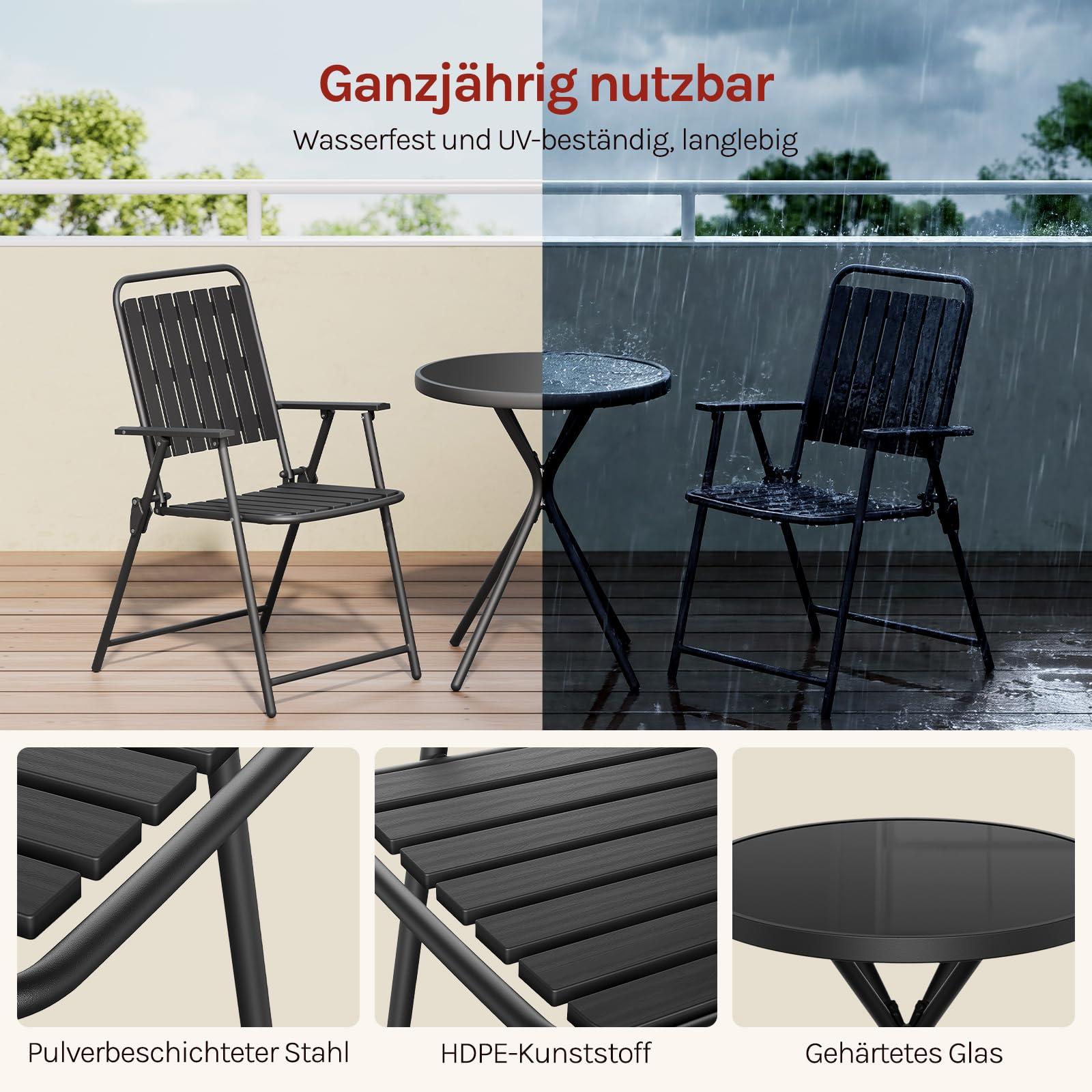 WOLTU Balkonmöbel 3 teilig Balkonstuhl Klappbar mit Balkontisch Runder Bistrotisch mit 2 Stühlen Gartenstühle bis 160 kg belastbar Wetterfest & Stabil, Gartenmöbel für Balkon Terrasse Garten, Schwarz