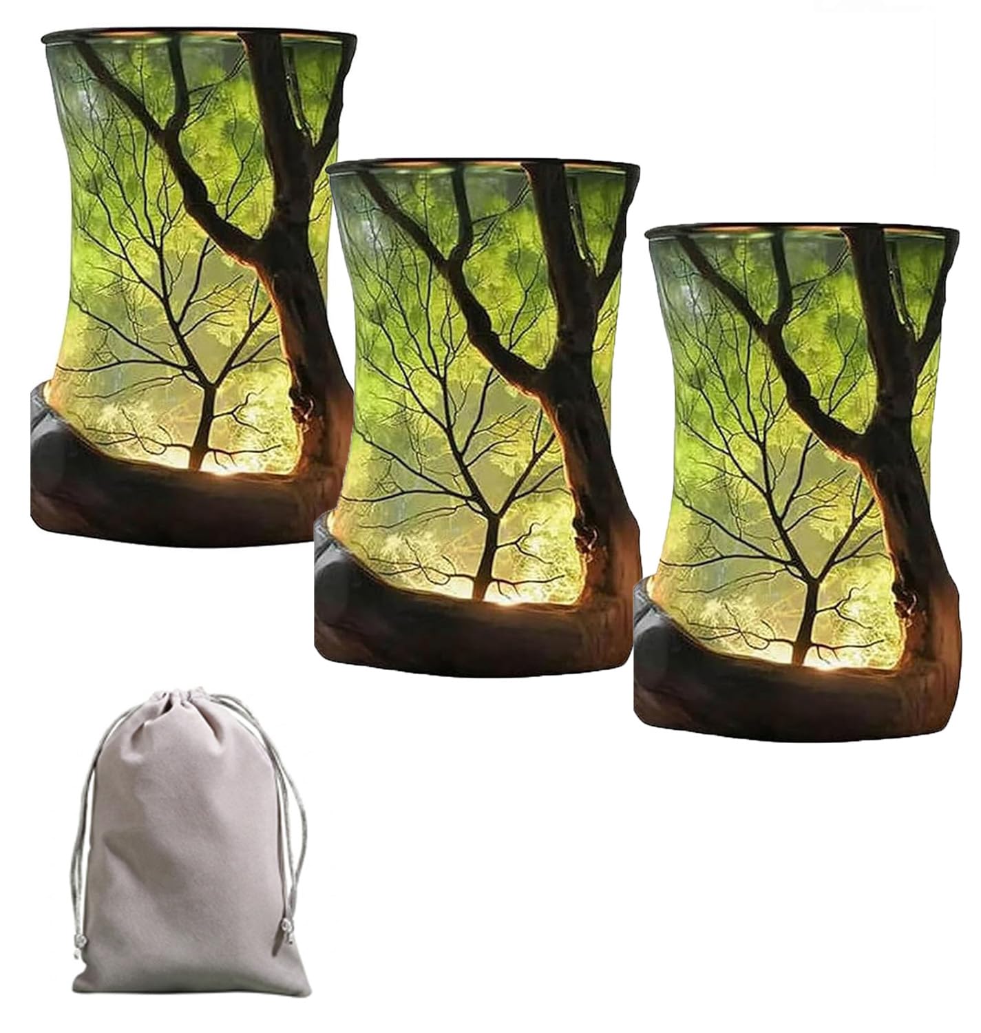 Enchanted Forest Lamp, Nature Inspired Ambient LED Table Lamp, Vintage Lantern Style Tree Shadow Night Light, Cozy Decorative Desk Lamp for Bedroom Living Room Home Decor Gift (3PC)