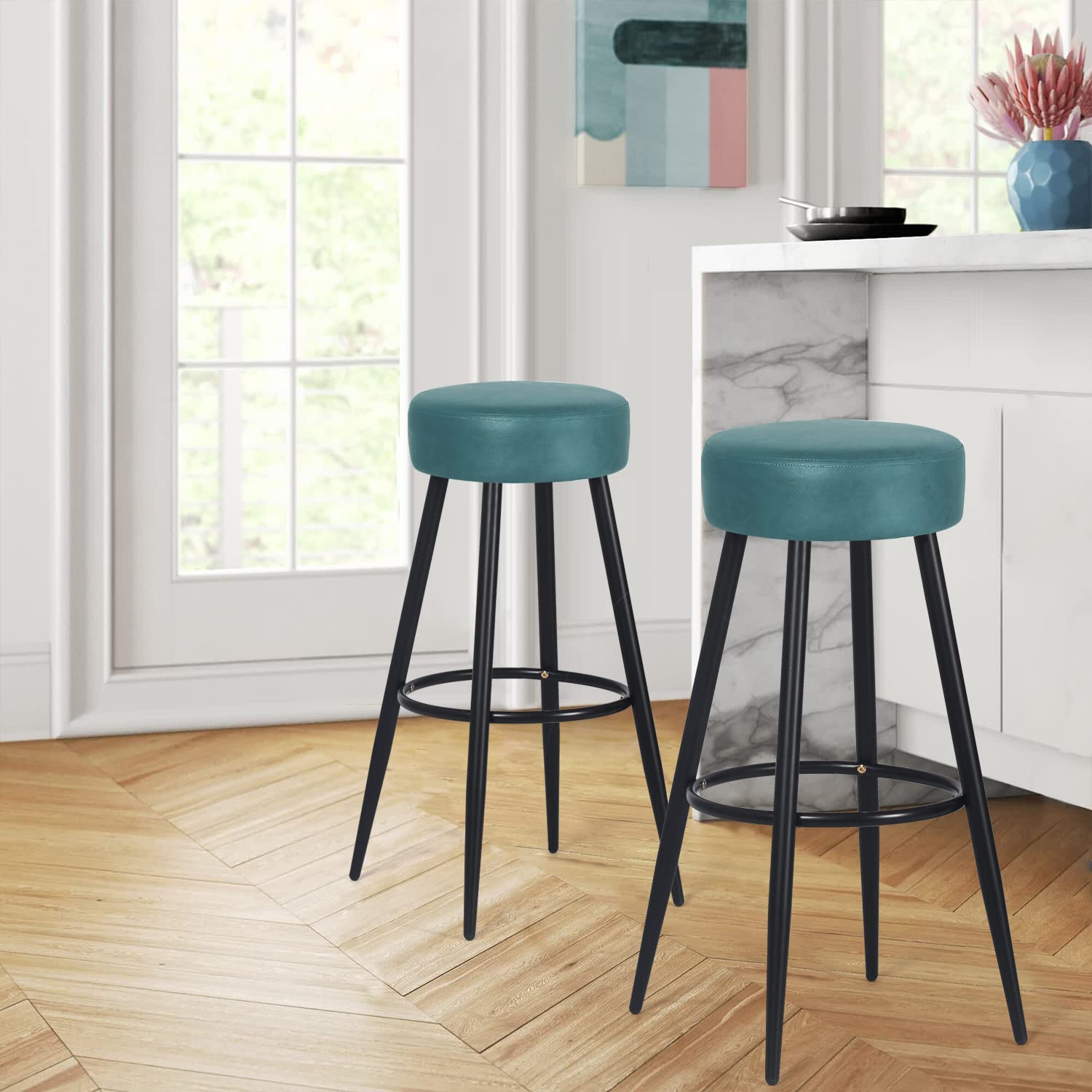Teal Leather Bar Stools