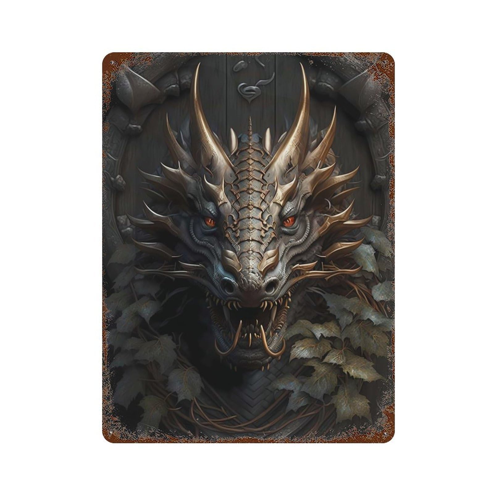 Vintage Rust Metal Sign with Dragon Enchanted Design 15.7"x11.8", for Farmhouse, Kitchen And Entryway Decor, Novelty Wall Decor