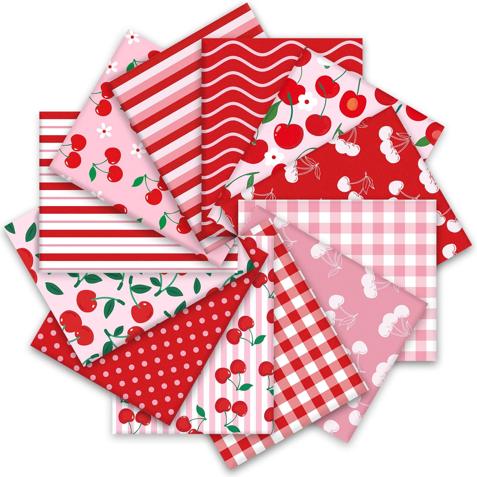 12Pcs Cherry Cotton Fabric Bundles Red Pink Cherry Flower Plaid Dot Fat Quarters Summer Quilting Patchwork for DIY Sewing Craft Decor, 18 x 22 Inch