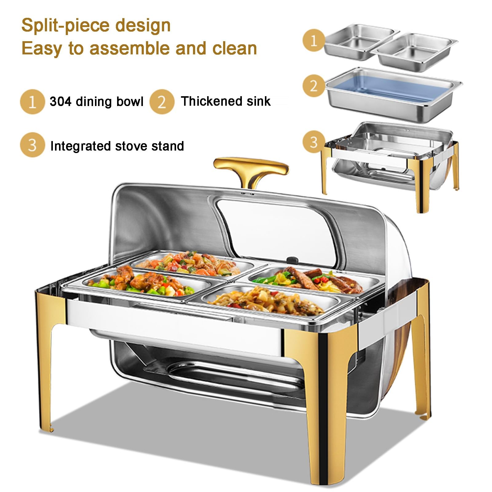 Set di scaldavivande a buffet, vassoio per alimenti in acciaio inox, contenitore per condimenti refrigerati da banco per feste e matrimoni