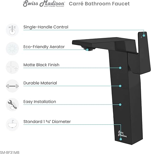 Miniatura 8 de Carré - Grifo de baño de un solo agujero, mango único, arco alto, color negro mate