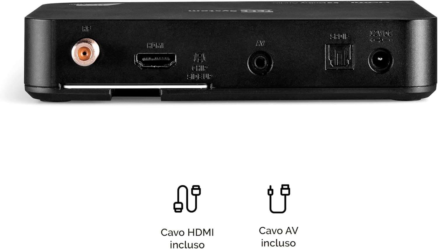 Rear panel of TELE System TS9019HEVC decoder showing RF IN, HDMI, AV, SPDIF, and 12V DC ports