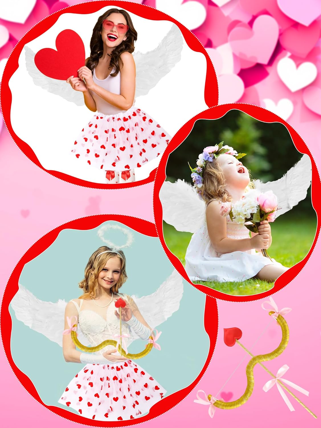 7 Pcs Cupid Costume Set Cupid Bow and Arrow Wings Heart Shaped Hair Band Socks Skirt Costume Accessories Set for Women Adult Valentine Cosplay - Image 3