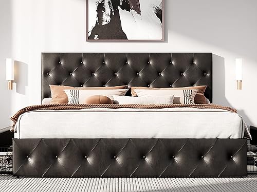 Miniatura 53 de HOOMIC Base de cama de almacenamiento de plataforma de tamaño matrimonial con 4 cajones y cabecera ajustable, listones de madera, no necesita Negro,