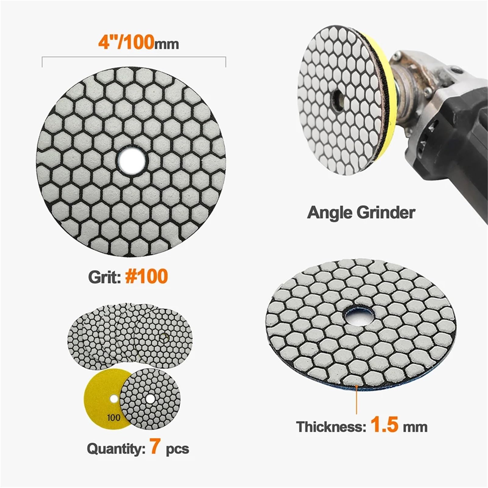 Podkładki polerskie Zestaw 6 tarcz szlifierskich na sucho do szlifierek kątowych z granitu marmurowego i kamienia ceramicznego Średnica 100 mm 4 cale(1 Aluminum Back Pad)