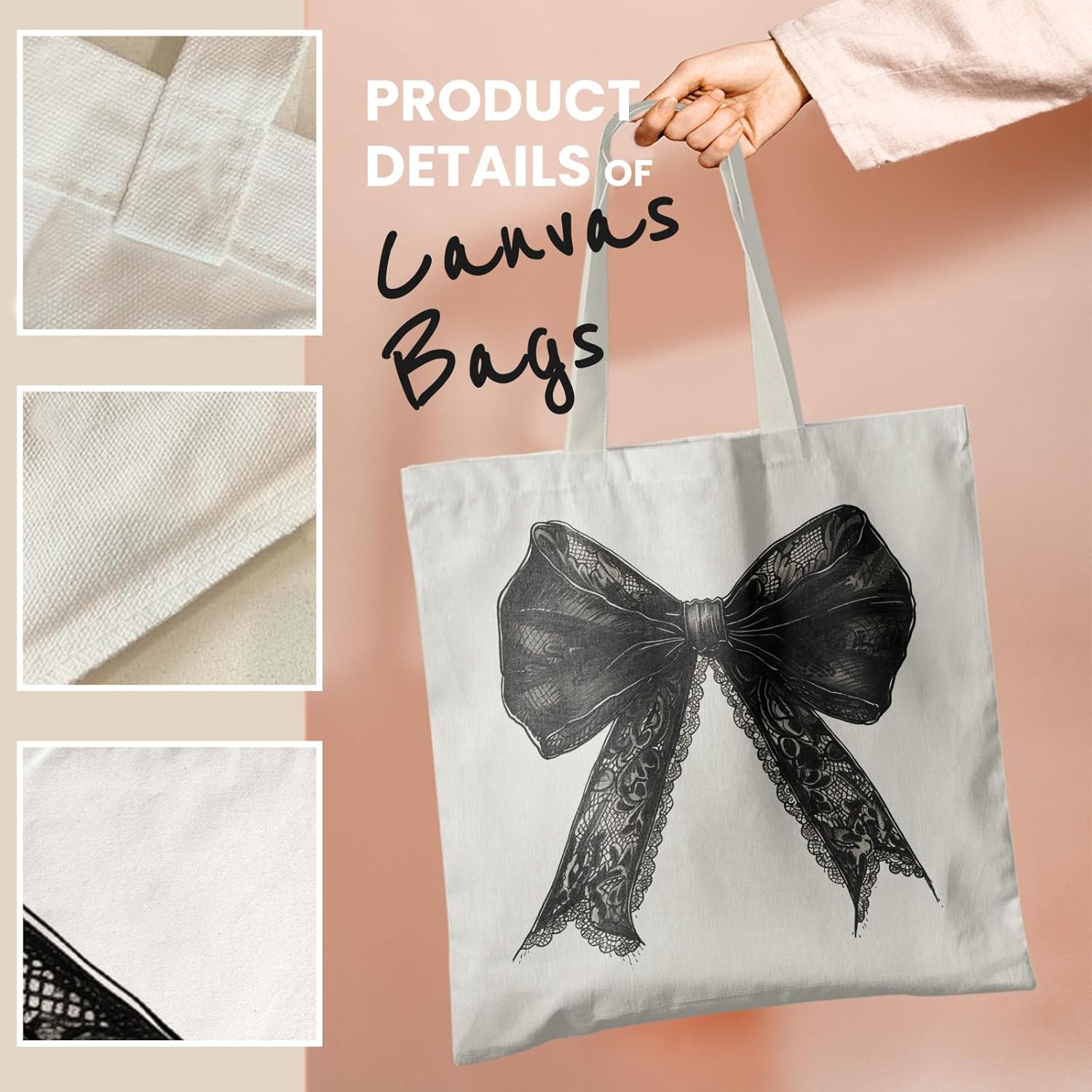 Coquette Bows Canvas Tote Bag, Shoulder Bag For Women, Reusable Tote Bag - Image 5