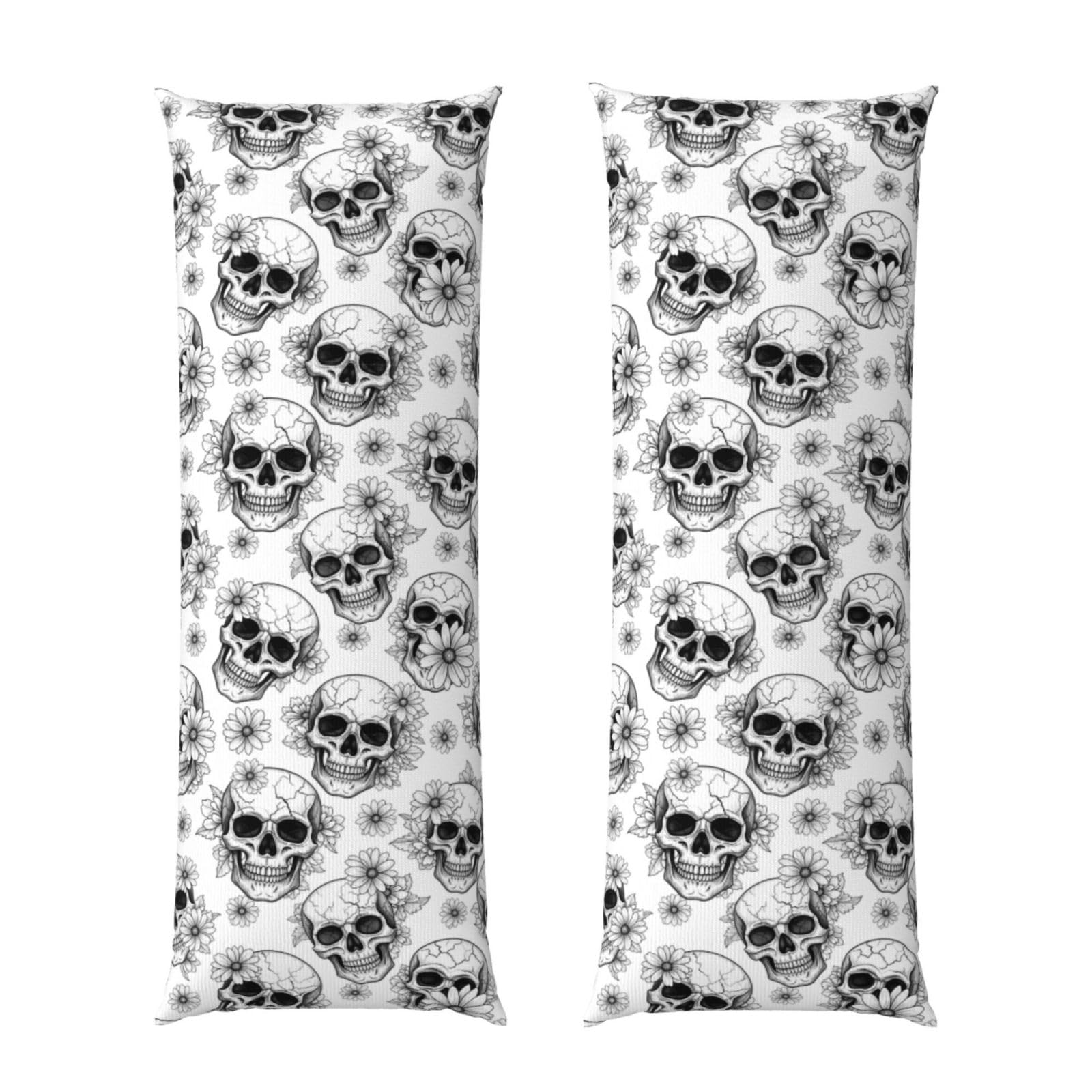Body Pillow Cover 20x60 Flowers Cherry Black White Floral Skulls, Soft Microfiber Long Pillowcase with Zipper Closure, Breathable Protector for Bedroom Sofa Couch Sleeping