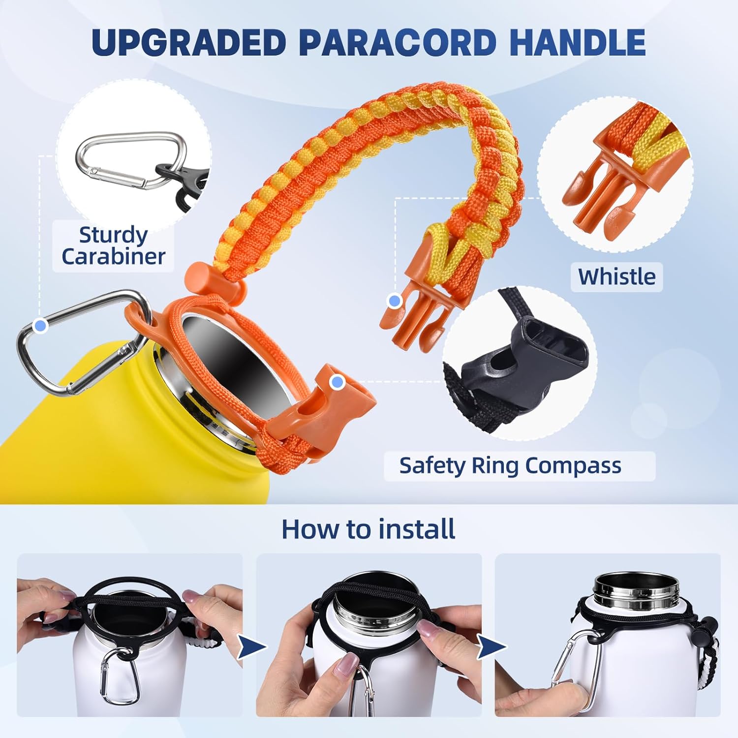 Insulated Water Bottle, 32 oz Stainless Steel Wide Mouth Water Bottles with 2 Leak Proof Lid and Paracord Handle, Double Wall Vacuum Insulated Sports Water Bottle, Yellow Orange - Image 5