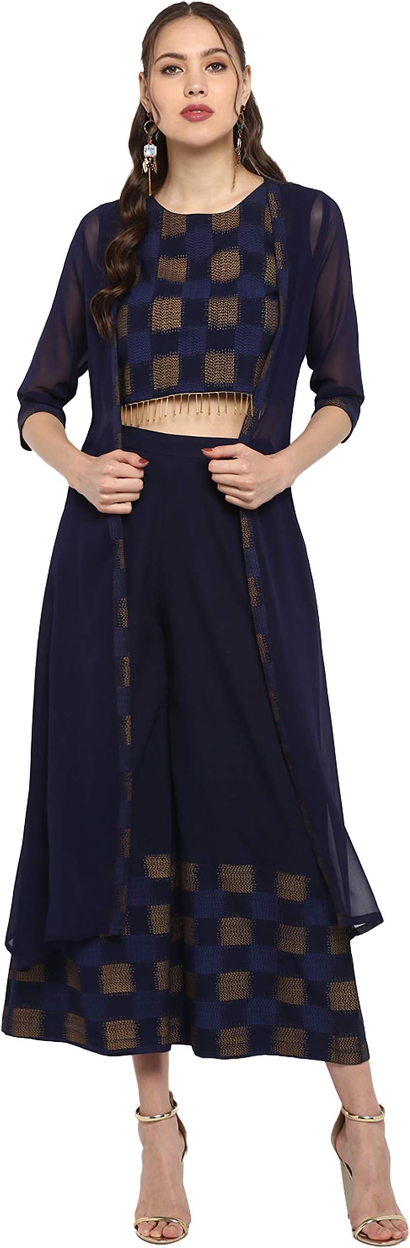 JanasyaIndian Women's Navy Blue Crepe Top with Palazzo and Shrug