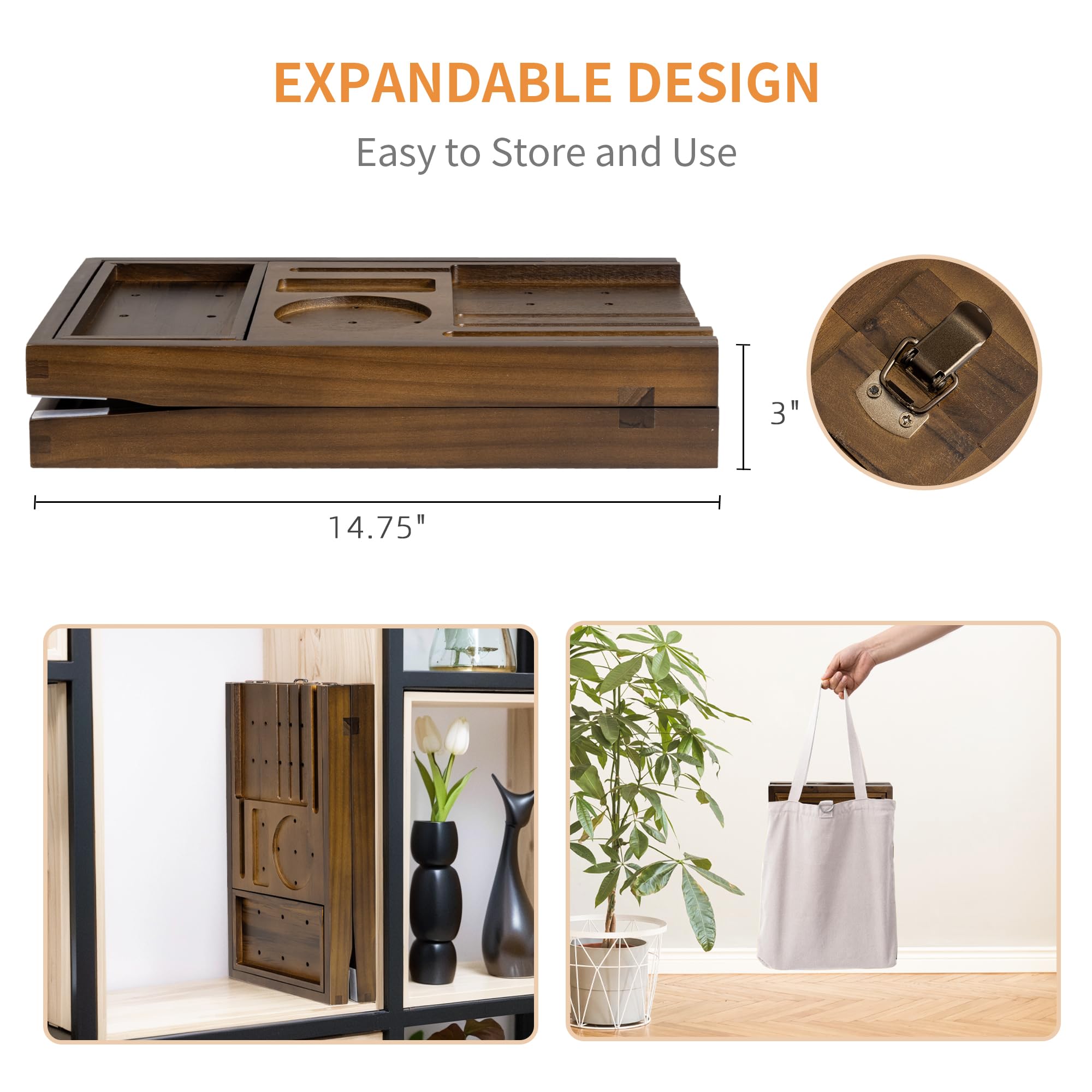 Flyjoe Bandeja de bañera con asas expandibles, madera de teca maciza, nogal
