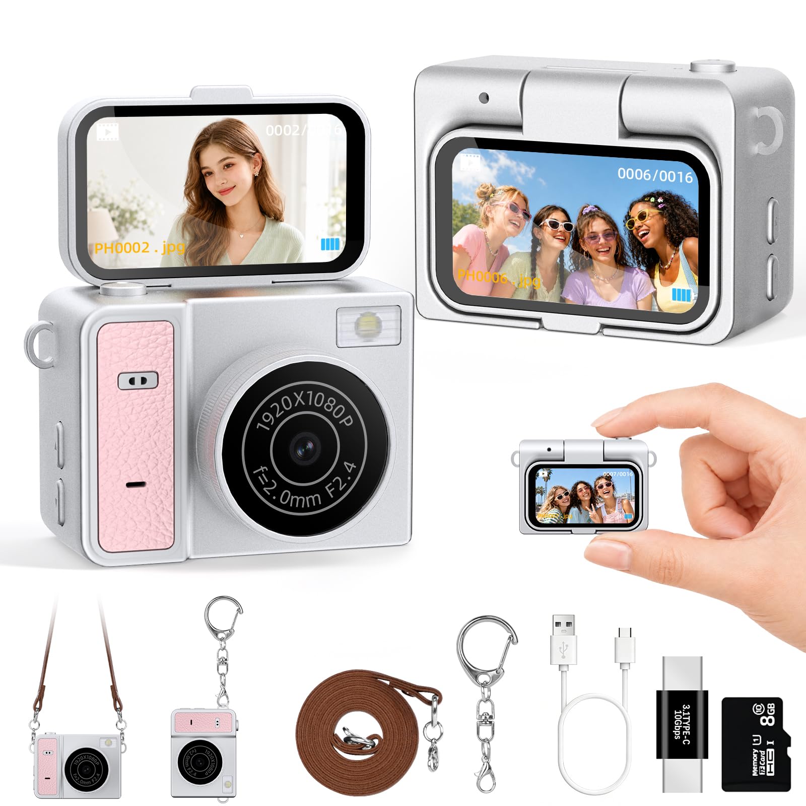 Mini Keychain Digital Camera, Pink Mini Camera with Flip Screen, 1MP 1080P Small Camera, 8GB Card, Video Recorder, Long Battery Life for Travel, Party and Vlog