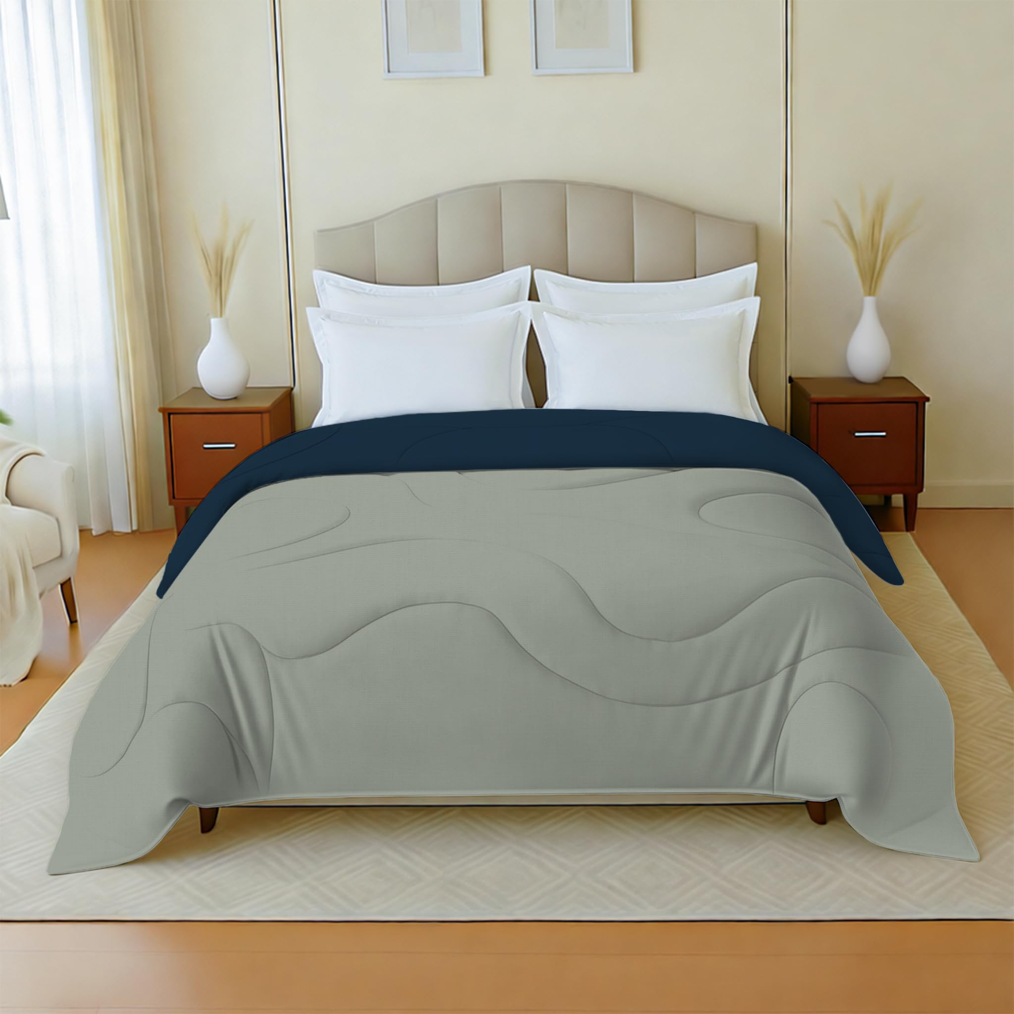 MAYFAIR HOMES LONDON | 100% Cotton Reversible Double Bed AC Comforter | Navy Blue & Grey | 150 GSM Lightweight | Soft, Breathable & All-Season Blanket-image-26
