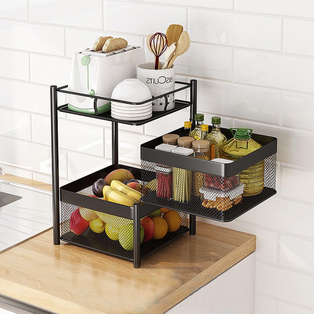 TEX-RO Kitchen Trolley with Wheels | 2-Layer Metal Vegetable Basket Stand & Kitchen Storage Rack | Multipurpose Kitchen Organizer for Onion Potato Storage (Black)
