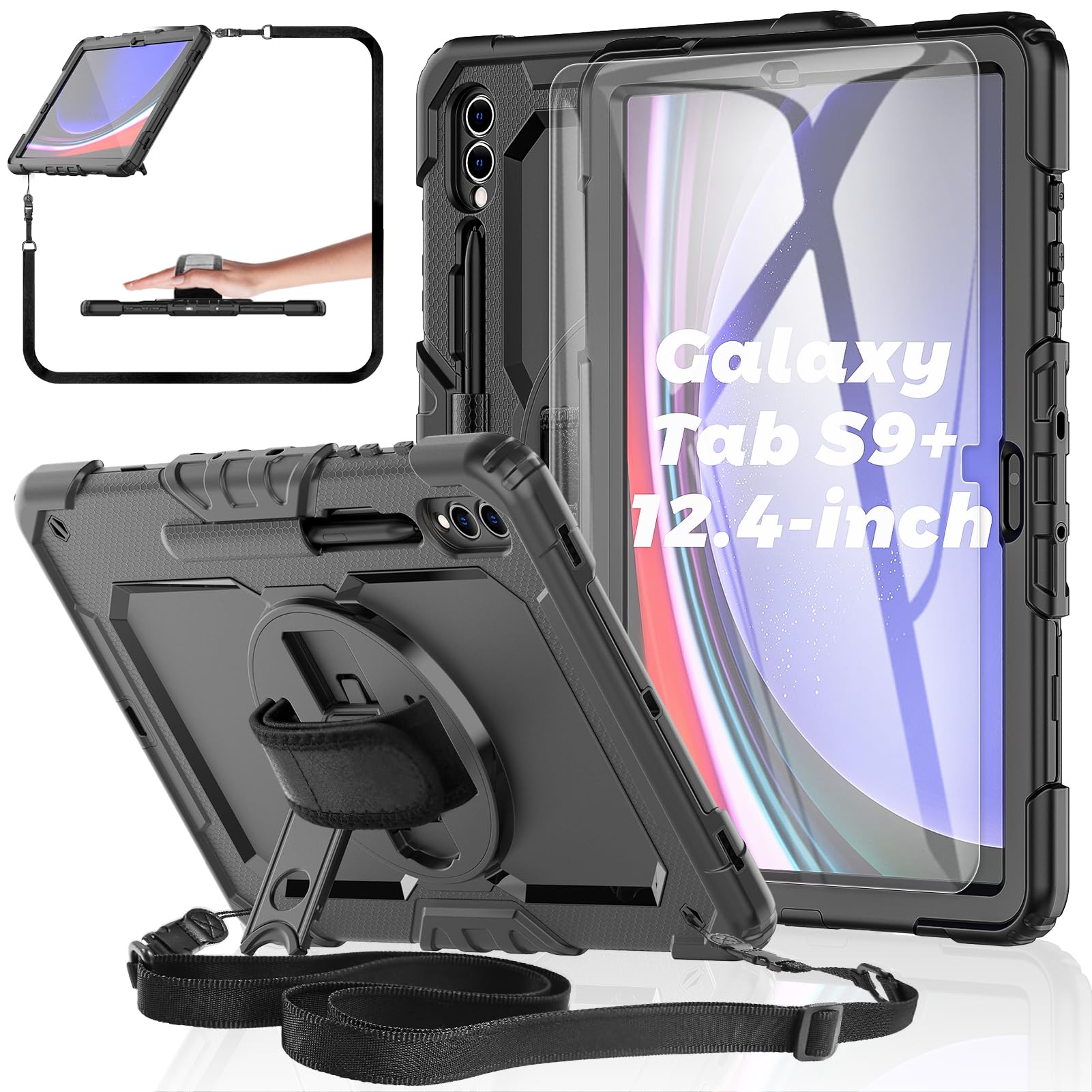 Samsung Galaxy Tab S9 Plus Case 12.4 inch 2023 [with Tempered Glass Screen Protector], BASE MALL S9 Plus Tablet Cover Heavy Duty Shockproof/Rotatable Kickstand/S Pen Holder/Hand/Shoulder Strap (Black)