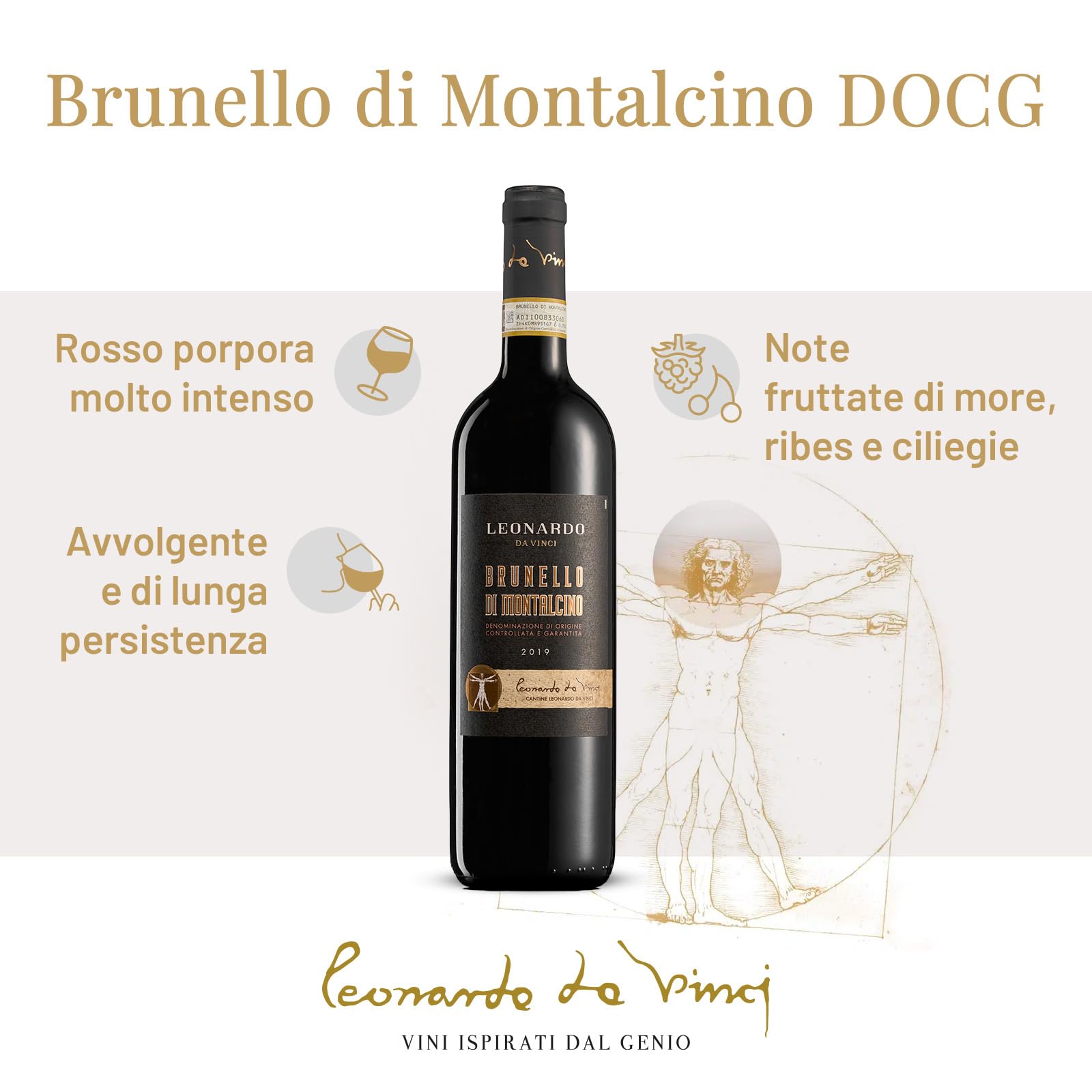 Leonardo da Vinci Brunello di Montalcino DOCG 2020, Vino Rosso dal Gusto Ricco e Persistente, Note fruttate e speziate, 14% Vol., Bottiglia da 750 ml