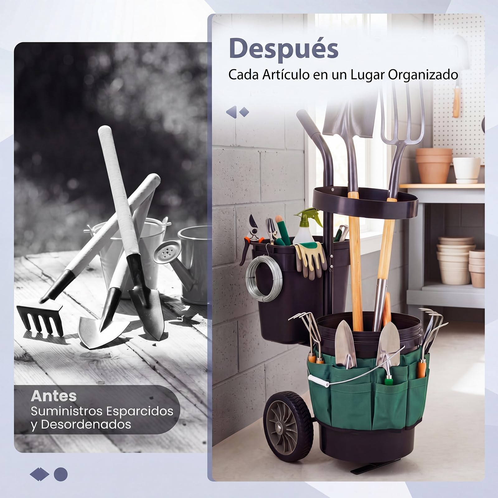 GYMAX Carro de Jardín para Herramientas, Carrito de Transporte con Ruedas, Cubo Redondo de 20 L, Cubo Rectangular de 5 L y Bolsa de Tela Oxford, Carretilla Portátil Porta Utensilios de Jardinería
