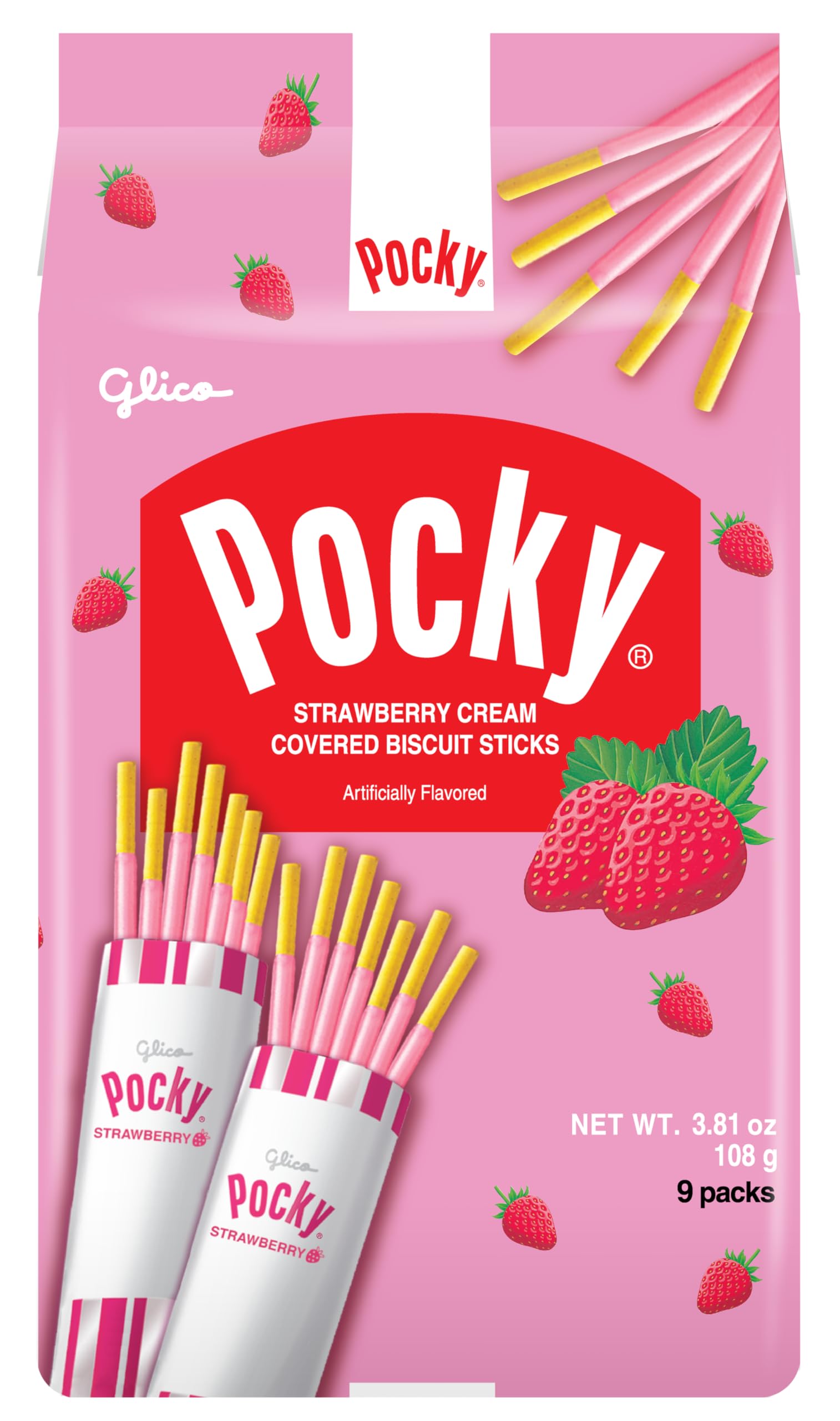 Photo 1 of ***** EXP 07/AUG/2026********* Pocky Strawberry Biscuit Sticks – Strawberry - Covered Crunchy Snack, Mess-Free and Great for Sharing – 9 Individual Packs (4.13oz Each)