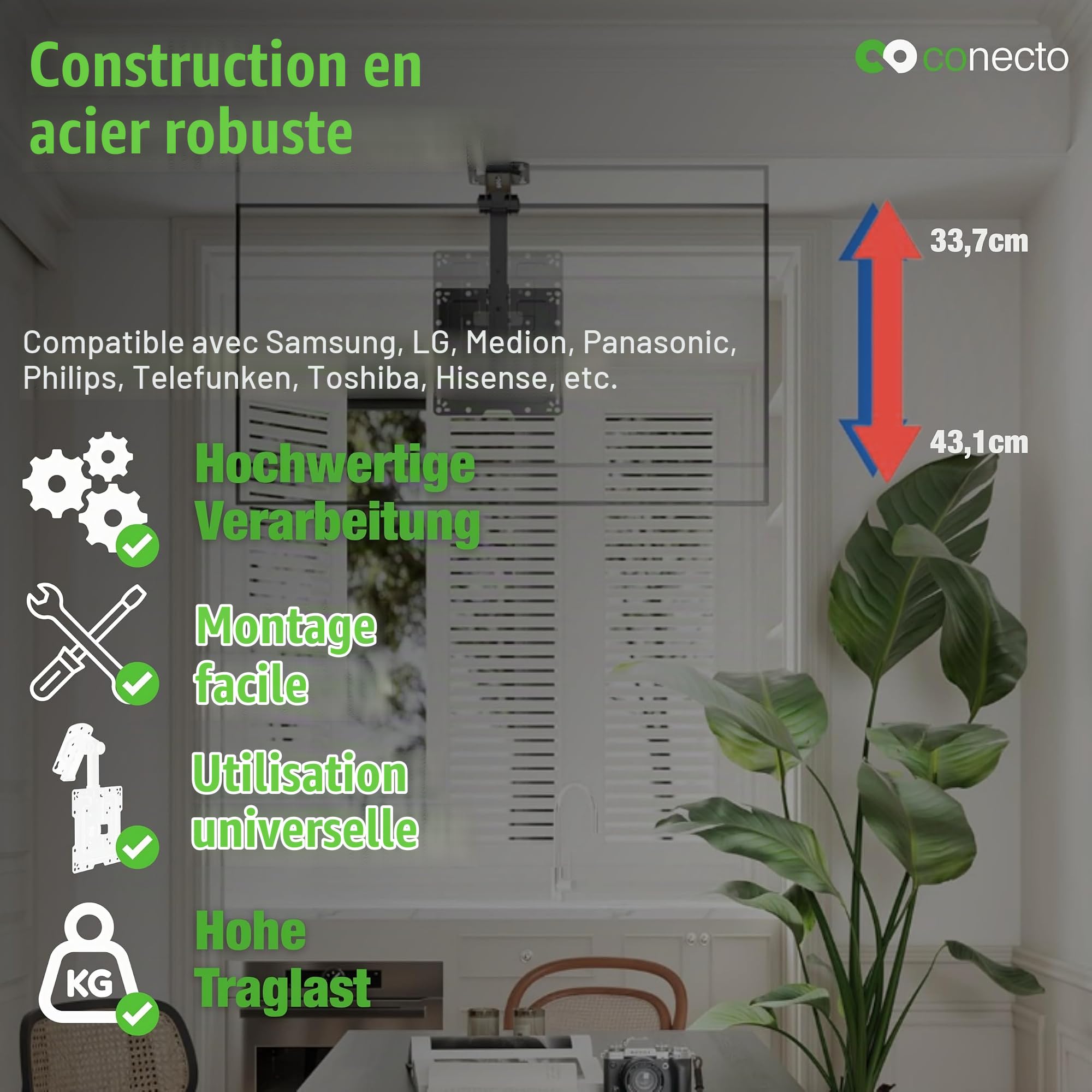 Conecto Support TV pour Plafond, adapté aux téléviseurs de 19 à 43 Pouces, Pliable, réglable en Hauteur, pivotant, inclinable, jusqu'à VESA 200x200, Noir