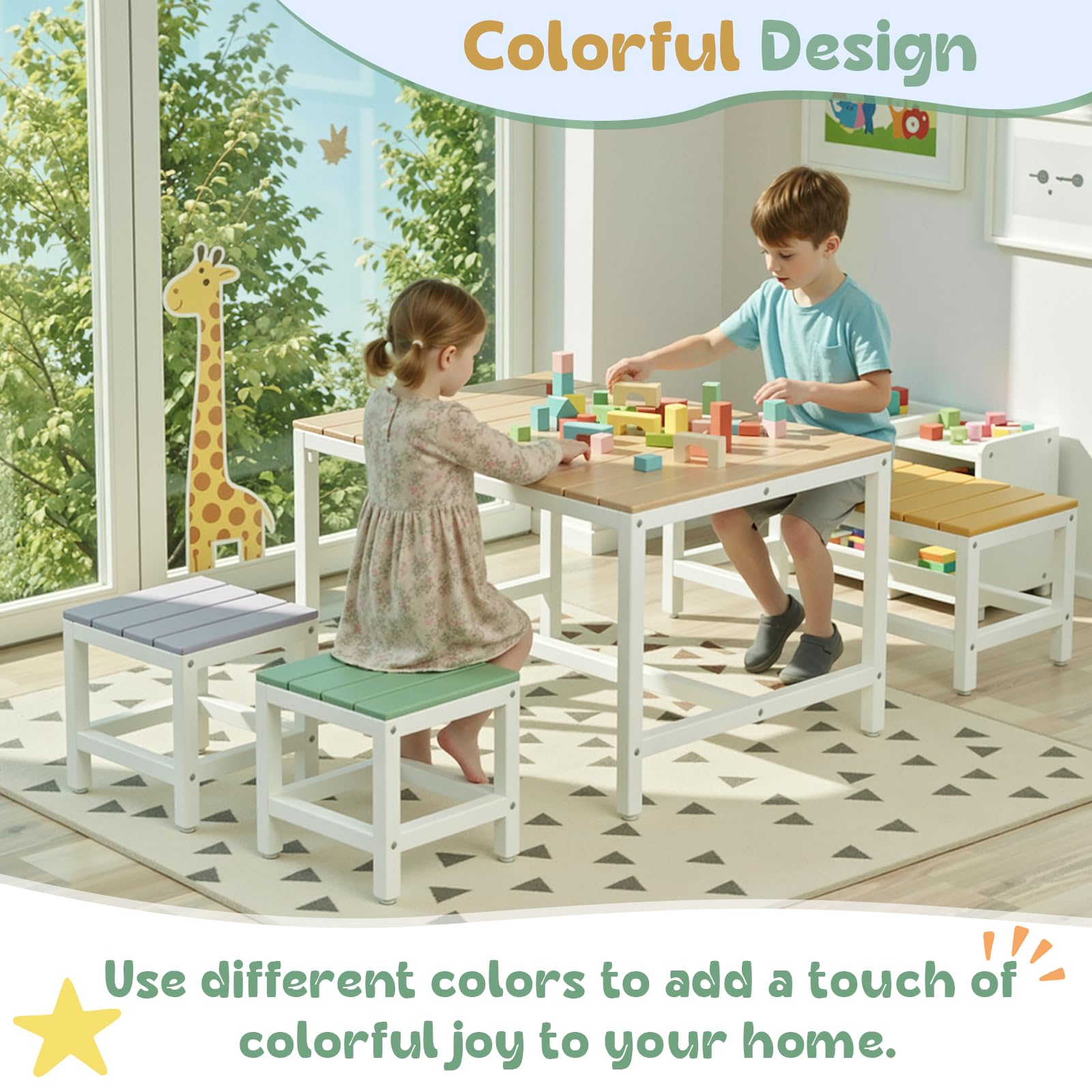 MAMIZO Kindertisch Pappelholz Massivholz, Kinder Tisch Stuhl Set Garten mit wasserdichte Abdeckung, Basteltisch Innenbereich mit 3 PCS Hocker, Kinder-Sitzgarnitur Picknick-Gruppe ab 3 Jahre, Bunt