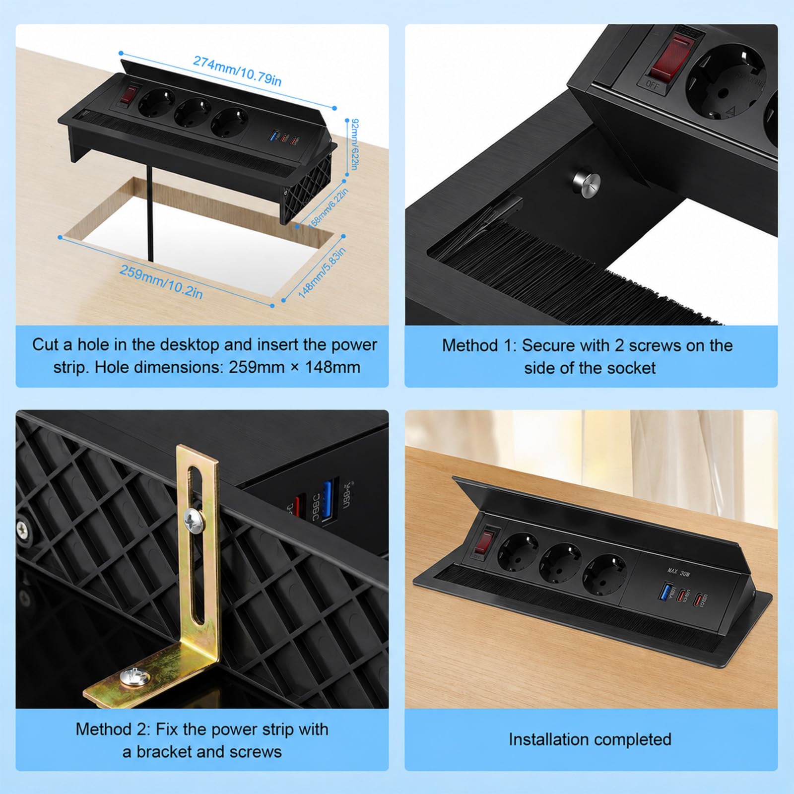 Ciabatta elettrica da incasso, a scomparsa, 2 x USB-C PD 30 W + 1 x USB-A, presa da incasso in alluminio con interruttore, per piano di lavoro, cucina, ufficio e sala conferenze, cavo da