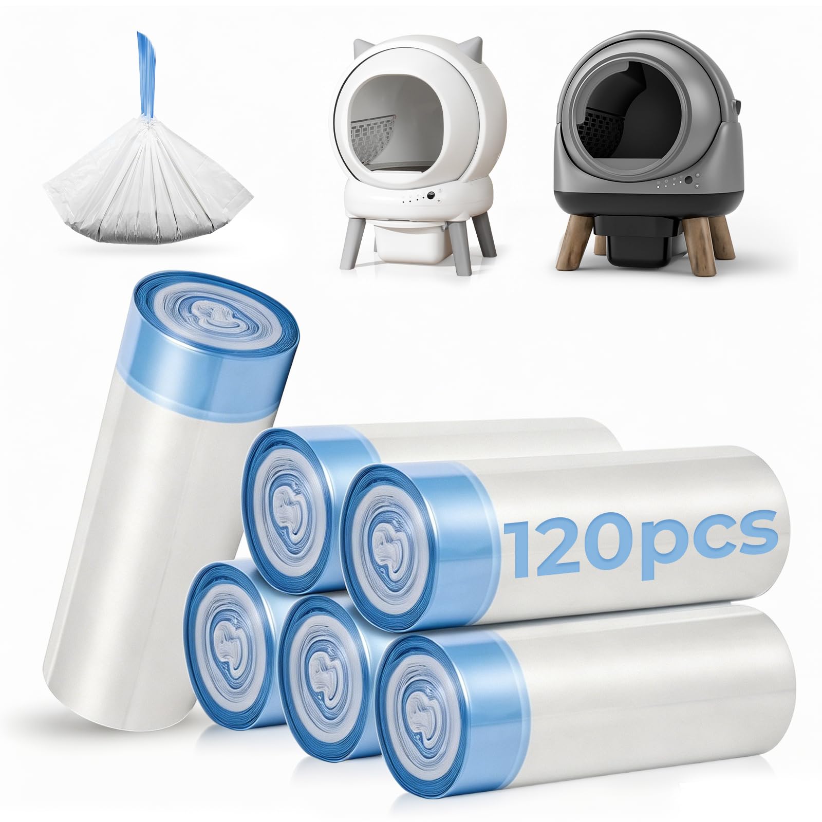 Bolsa de basura con cordón, 6 rollos/120 piezas, compatible con caja de arena para gatos G1, bolsas de arena resistentes para gatos, caja de arena automática para gatos, bolsas de basura con