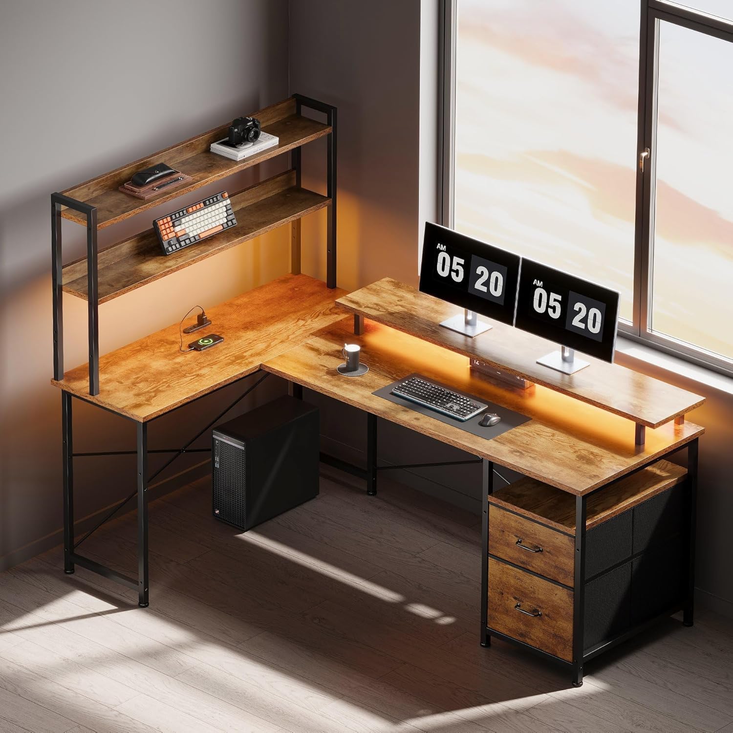 Amazon | 幅 120× 奥行 80cm L 字パソコンデスク 引き出し・上部収納棚