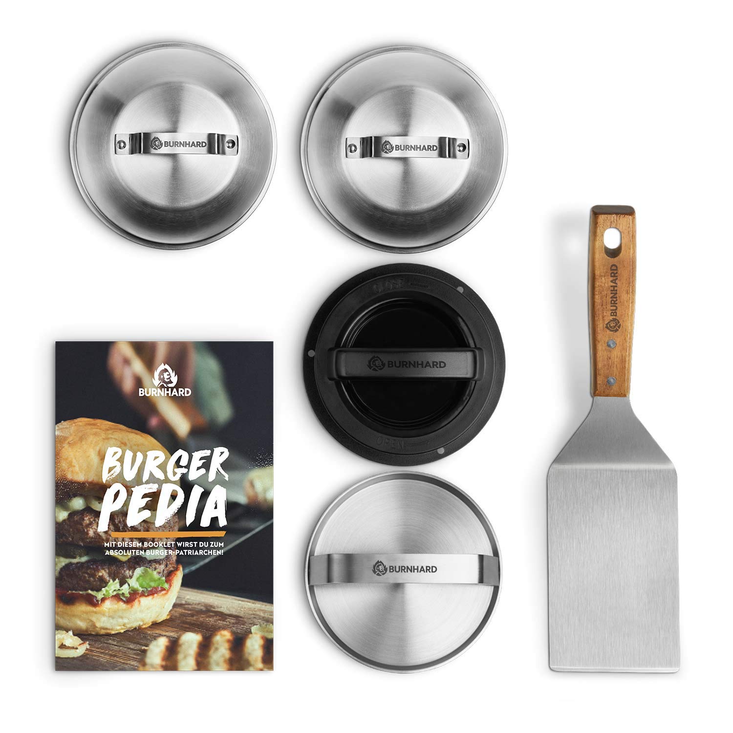 BURNHARD Kit pour Burgers 6 pièces, Moule à Steak antiadhésif, Presse à Burger, Cloches INOX