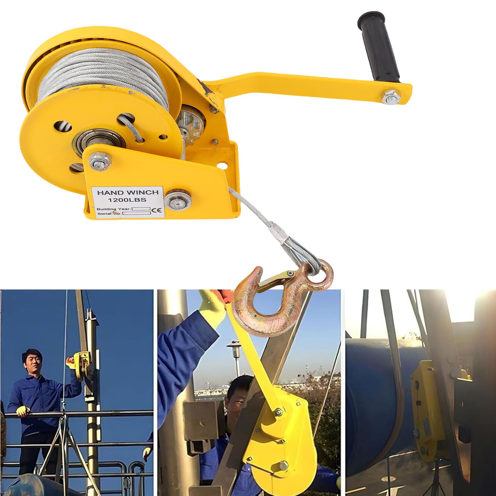 ASHATA Cabrestante Manual Resistente con Gancho de Cuerda para Remolque y Elevación de 1200 Libras, Perfecto para Camiones y Remolques, de Goma para Mayor Comodidad