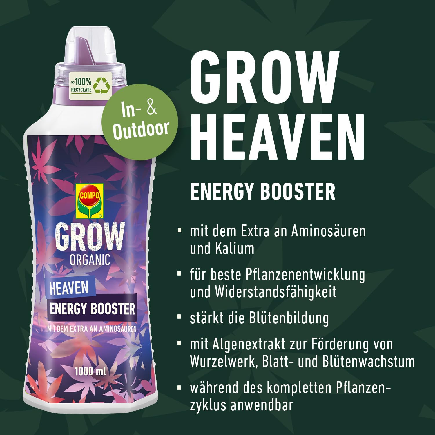 COMPO GROW ORGANIC Heaven Energy Booster 500 ml für vitale und schöne Pflanzen dank natürlicher Aminosäuren und Algenextrakten, lila