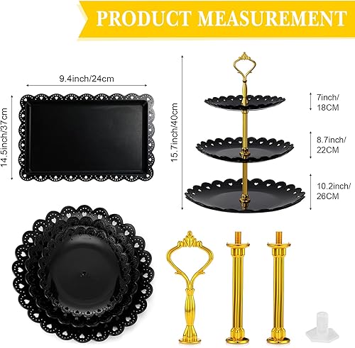 Miniatura 2 de Juego de 9 soportes negros para tartas, mesa de postre incluye 6 soportes rectangulares para cupcakes y 3 bandejas redondas de 3 niveles para bodas,
