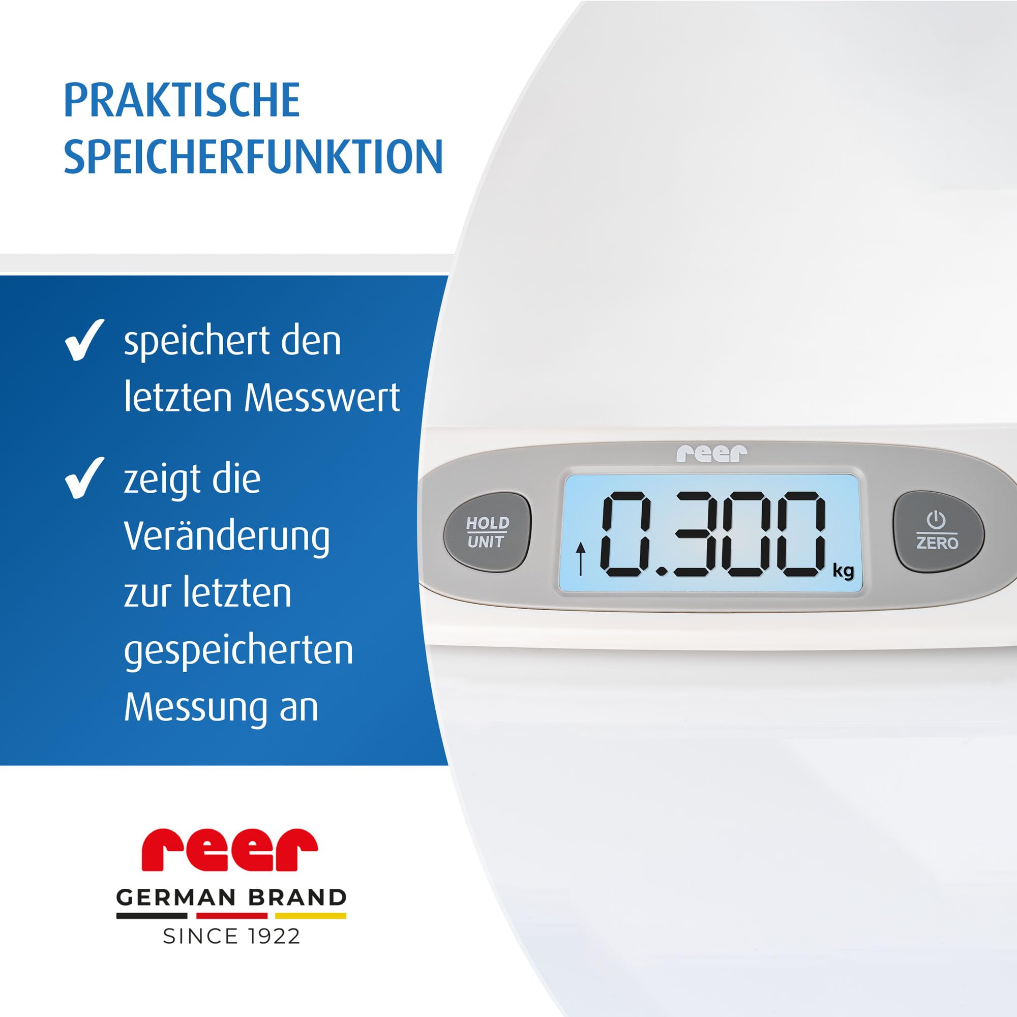 reer BabyCare Babywaage | Ergonomische Wiegeschale für Neugeborene/Babys | 25kg Maximalgewicht | Integriertes Maßband, HOLD- und Tarierfunktion | Beleuchtetes LCD-Display | Präzision von 5g