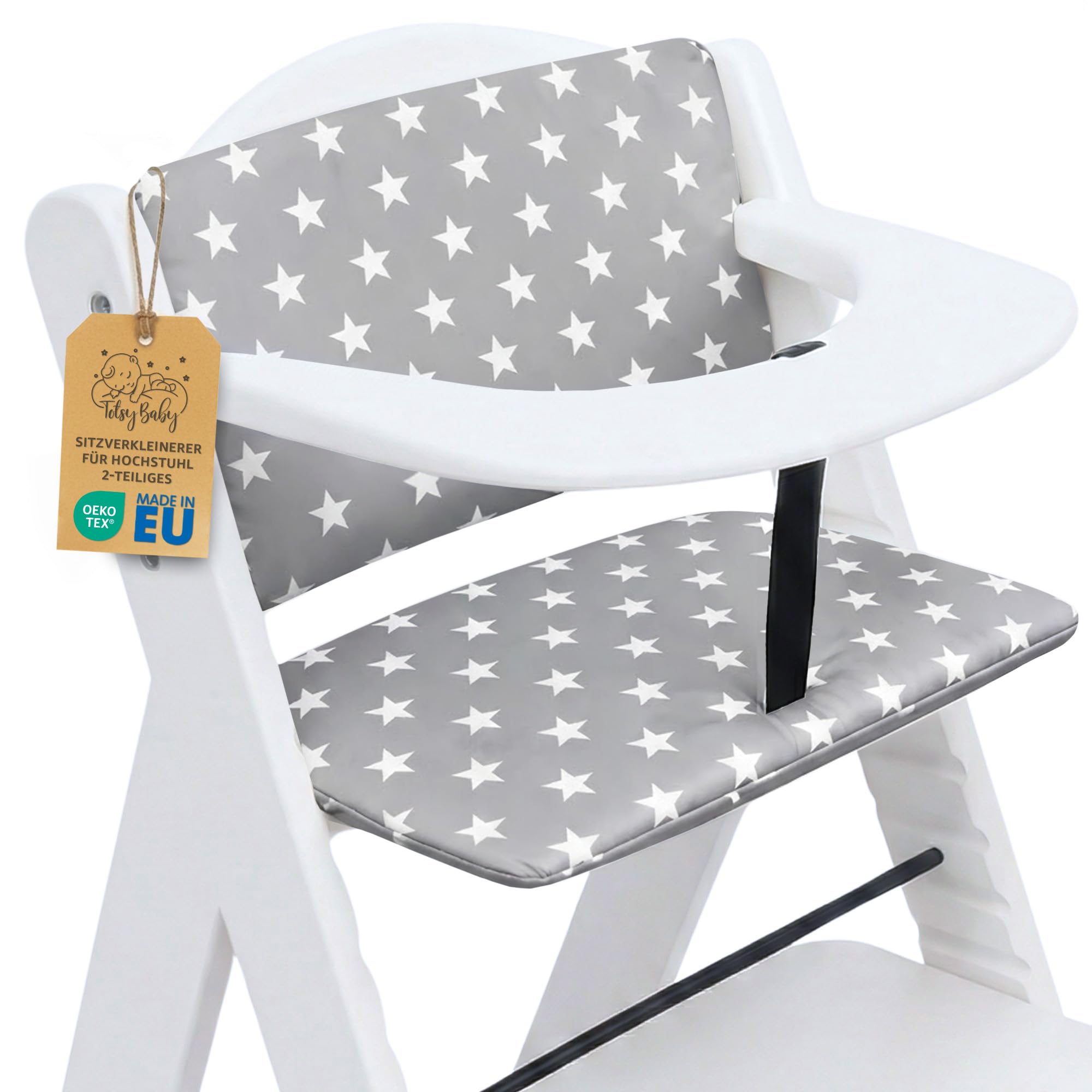 Sitzverkleinerer für Hochstuhl Baby Sitzkissen Stuhl 2-teilig - Kinder Sitzauflage für Hauck und Stokke Kinderhochstuhl High Chair Cover für Treppenhochstuhl und Babystuhl Oeko-Tex Sterne und Grau
