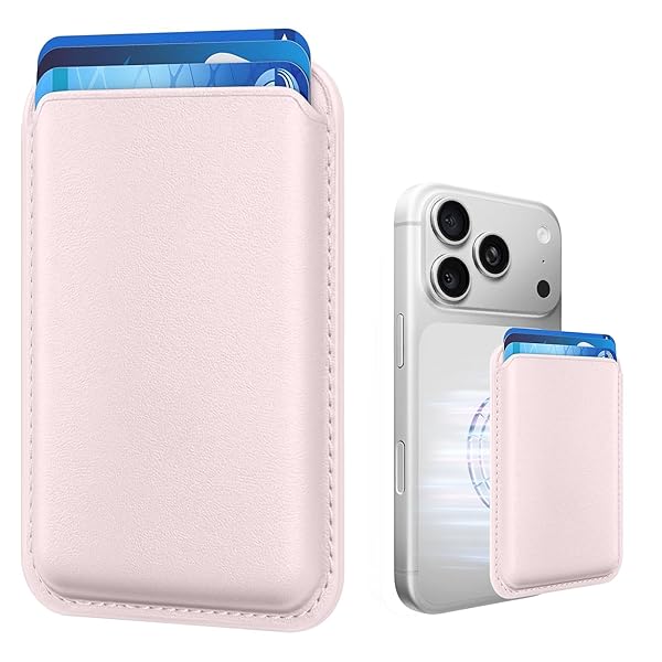 Amzone Magnetic Mag-safe Wallet Cell Phone Card Holder for Phone Case with Mag-Safe, Stronger Magnetic RFID Leather Phone Wallet Stick on Series of iPhone 15/14/13/12 and Pro/Promax, Light Pink
