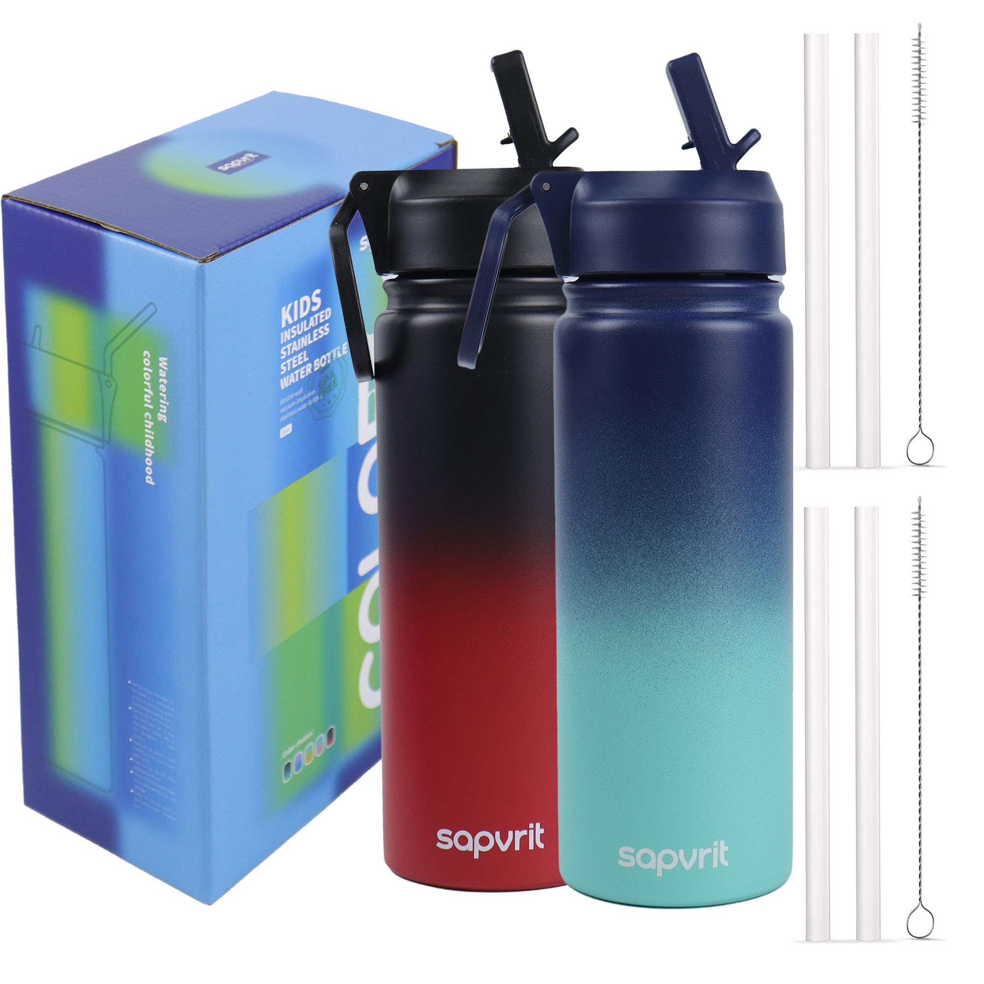 Water Bottle, 16 oz Water Bottles with Straw and Stickers, Stainless Steel Vacuum Double Wall Insulated cup,Water Bottle for School, Gifts for Girls (16OZ BLACK RED+16OZ BLUE GREEN)