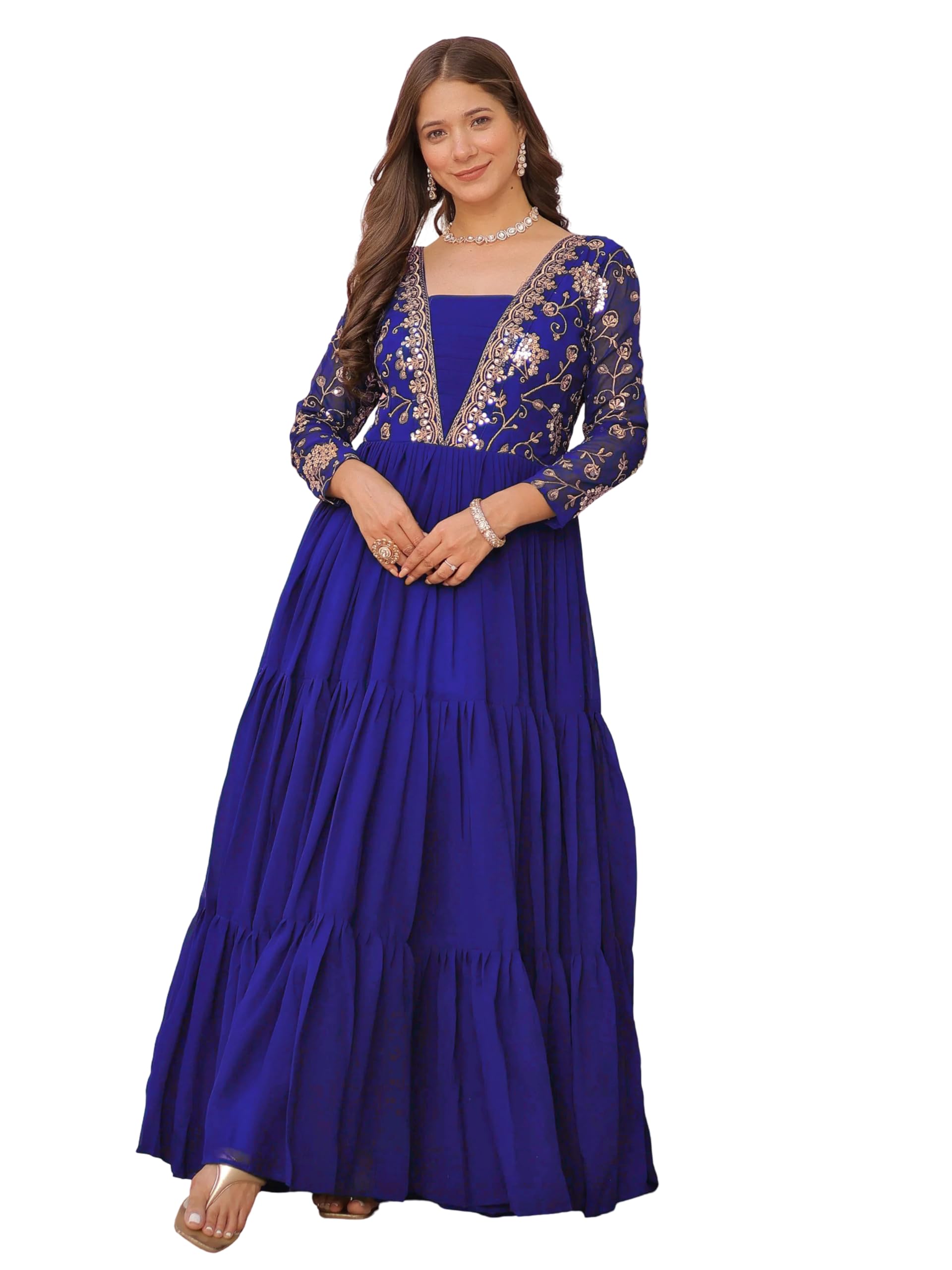 foxdx Women's Georgette Embroidered Flared Anarkali Kurta Gown for Women || Traditional Embroidered Anarkali Gown-picture-36