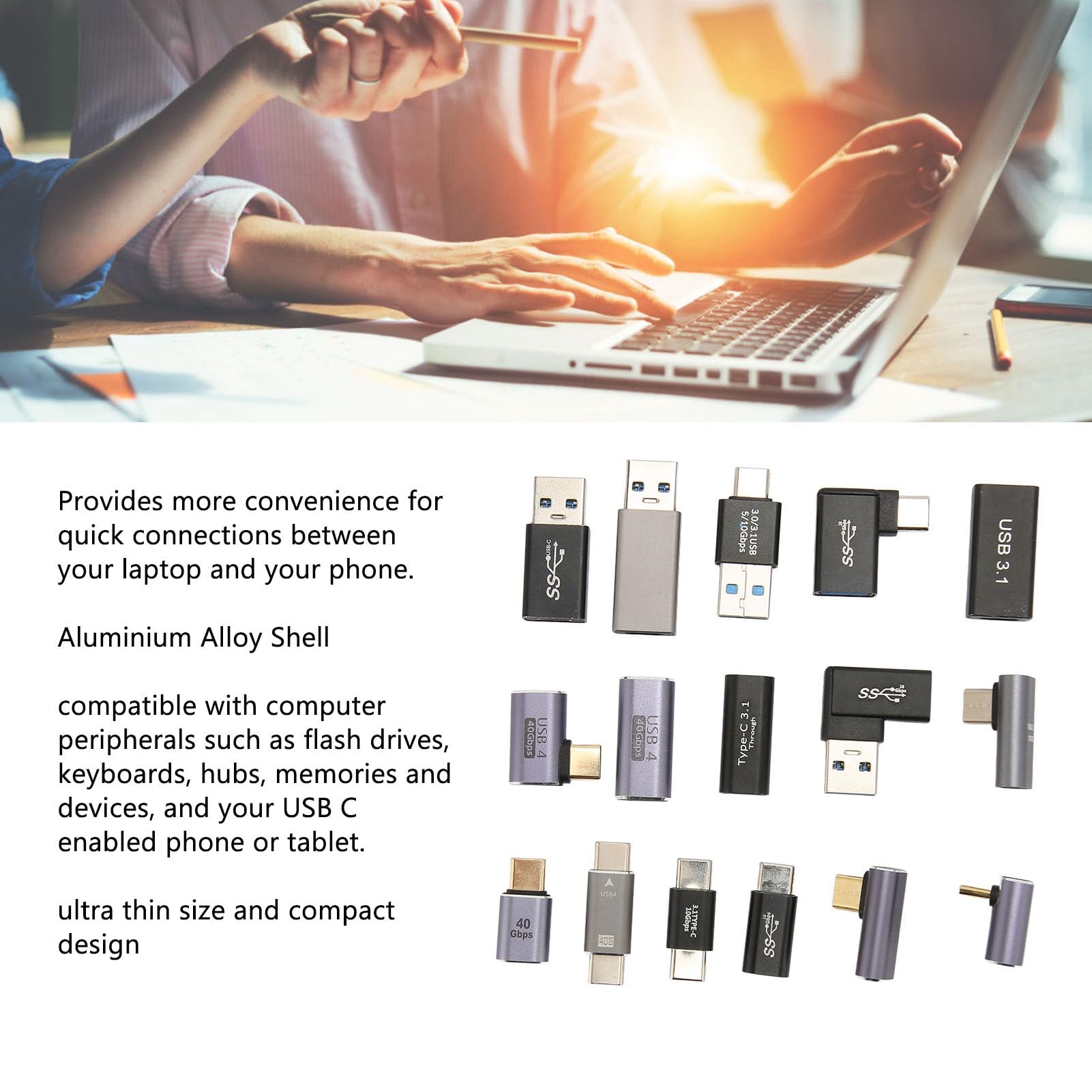16 Pieces Type C Adapter Kit, Aluminum Alloy Shell USB3.0 USB3.1 USB C Adapter Kit for Laptop Phone Quick Connections, Plug and Play