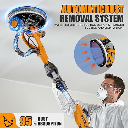 Miniatura 3 de Alloyman Lijadora de paneles de yeso, lijadora eléctrica de paneles de yeso de 1050 W con colección de polvo al vacío, lijadora de pared de 2100 RPM